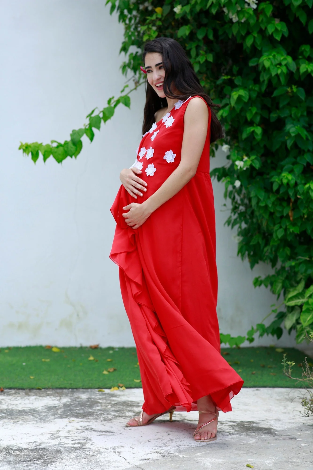 Scarlet Red One Shoulder Maternity Flow Dress - Chenance