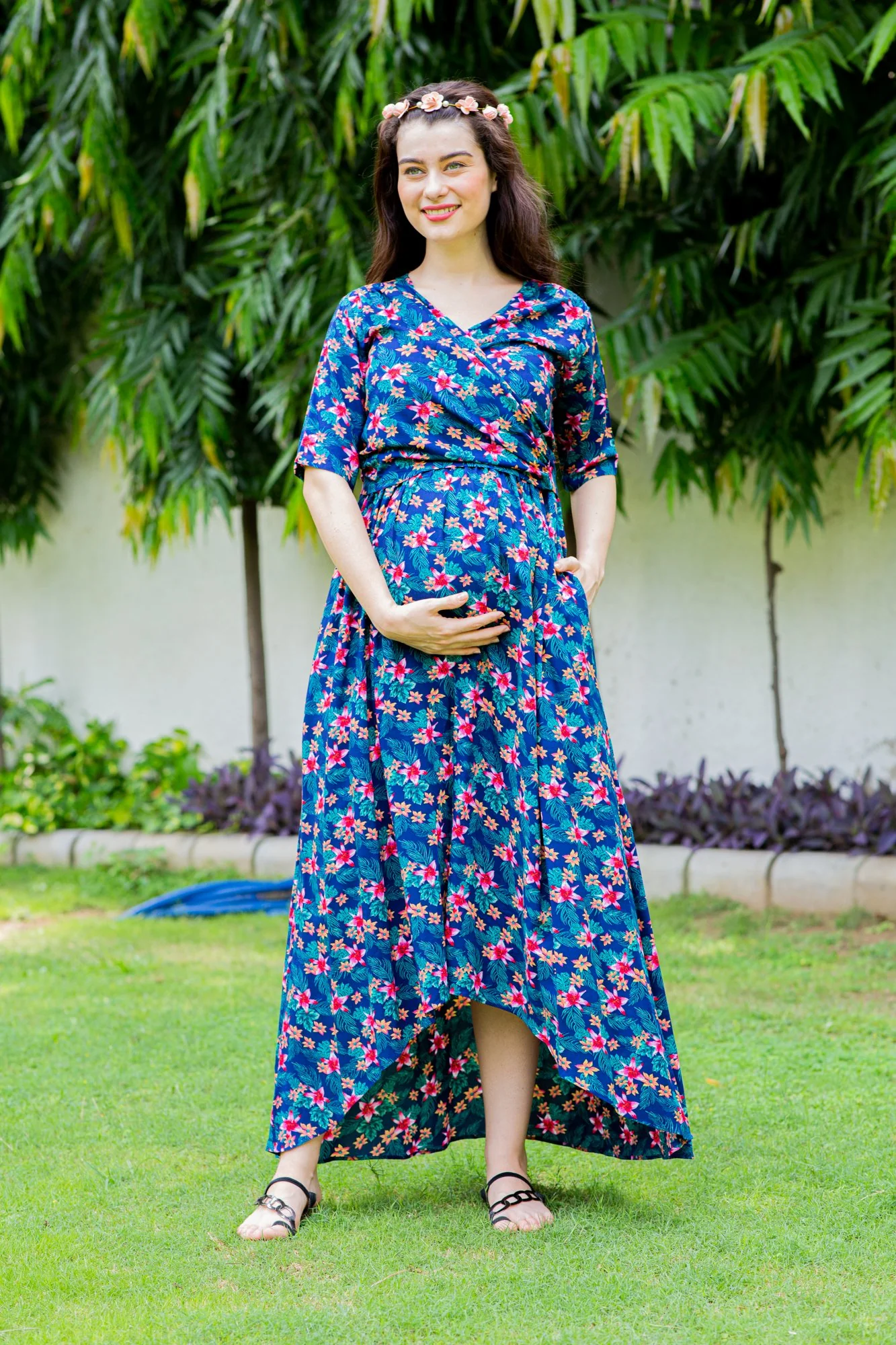 Blue Bloom Maternity & Nursing Hi-Low Wrap Dress - Chenance