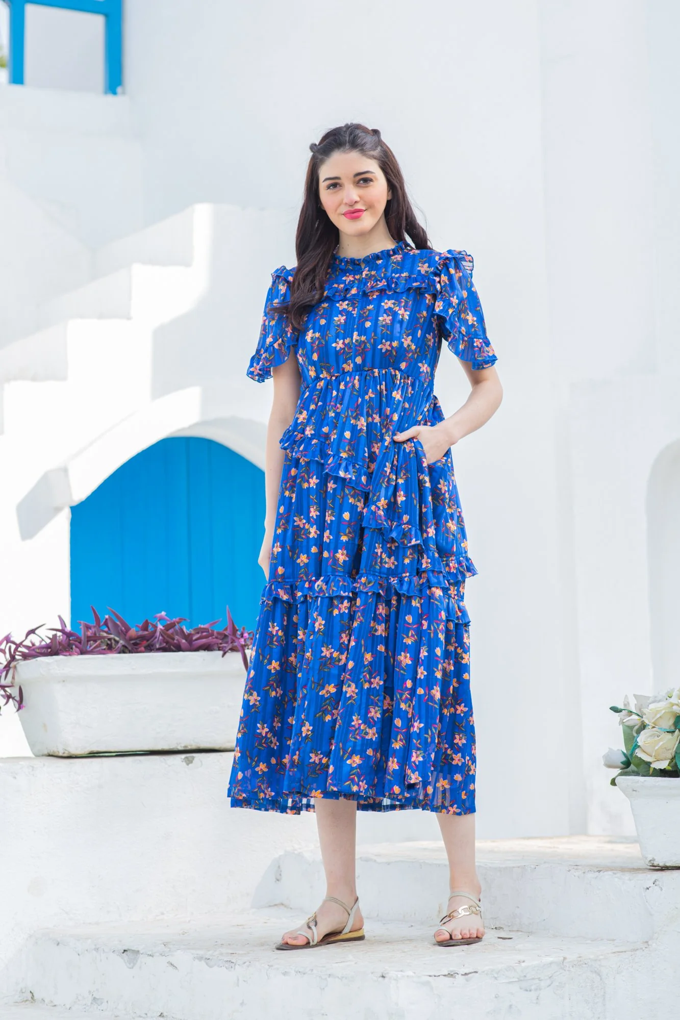 Royal Blue Mist Maternity & Nursing Frill Dress - Chenance