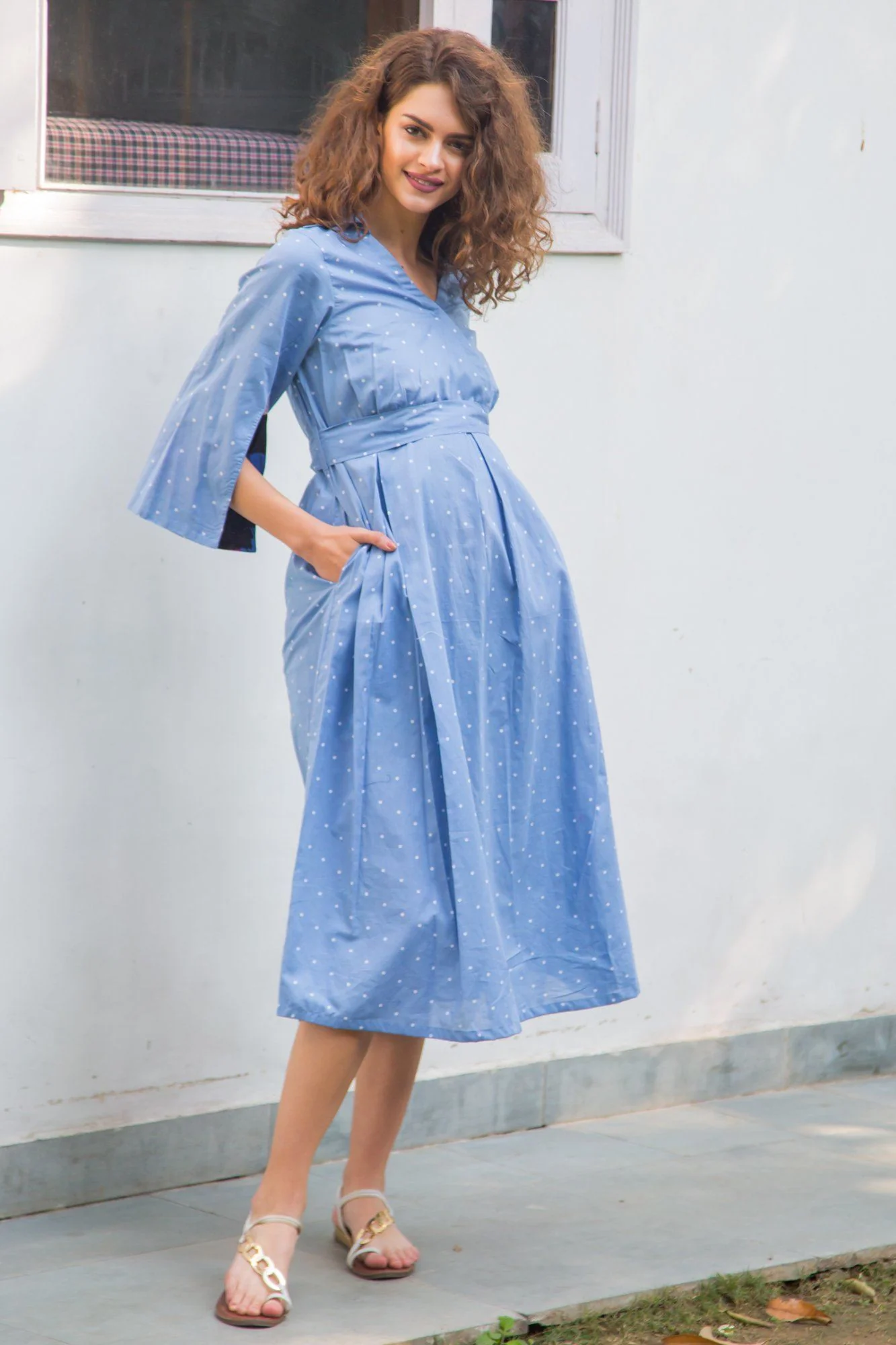 Carolina Cotton Blue Polka Unique Sleeves Maternity & Nursing Dress - Chenance