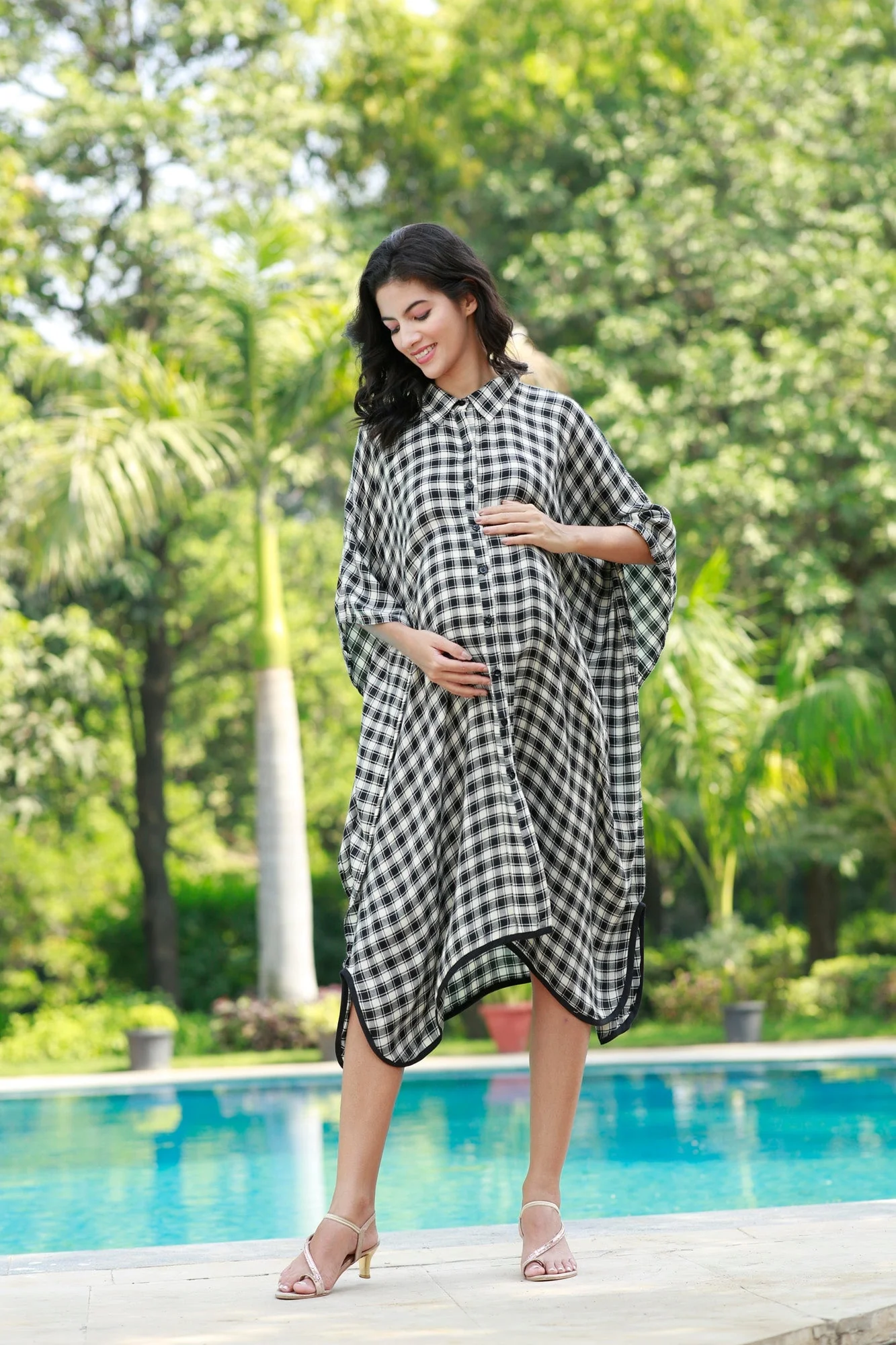 Forever Black & White Plaid Maternity & Nursing Kaftan Shirt Dress - Chenance