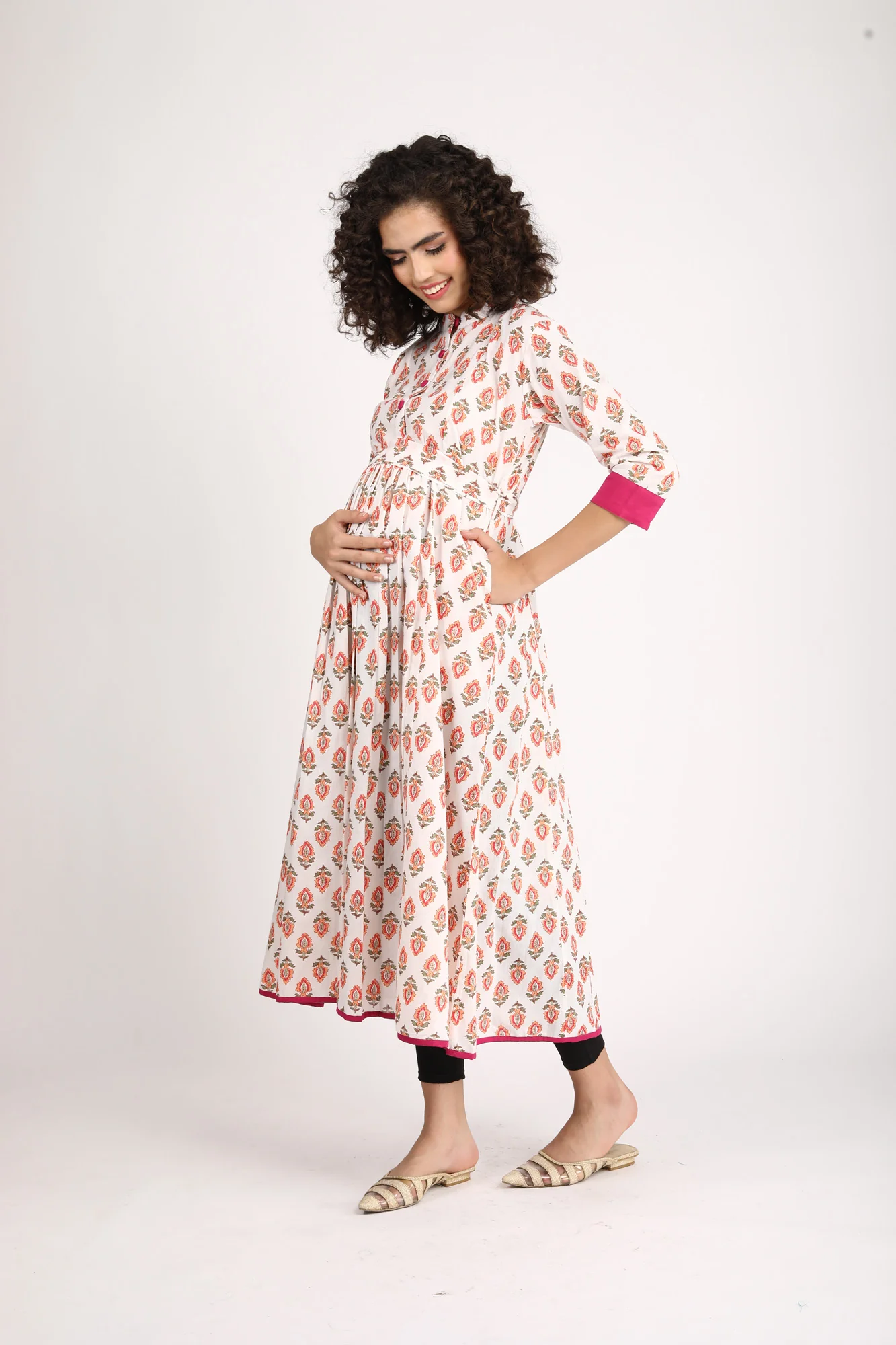 Orange White Maternity & Nursing Kurta (100% Cotton) - Chenance