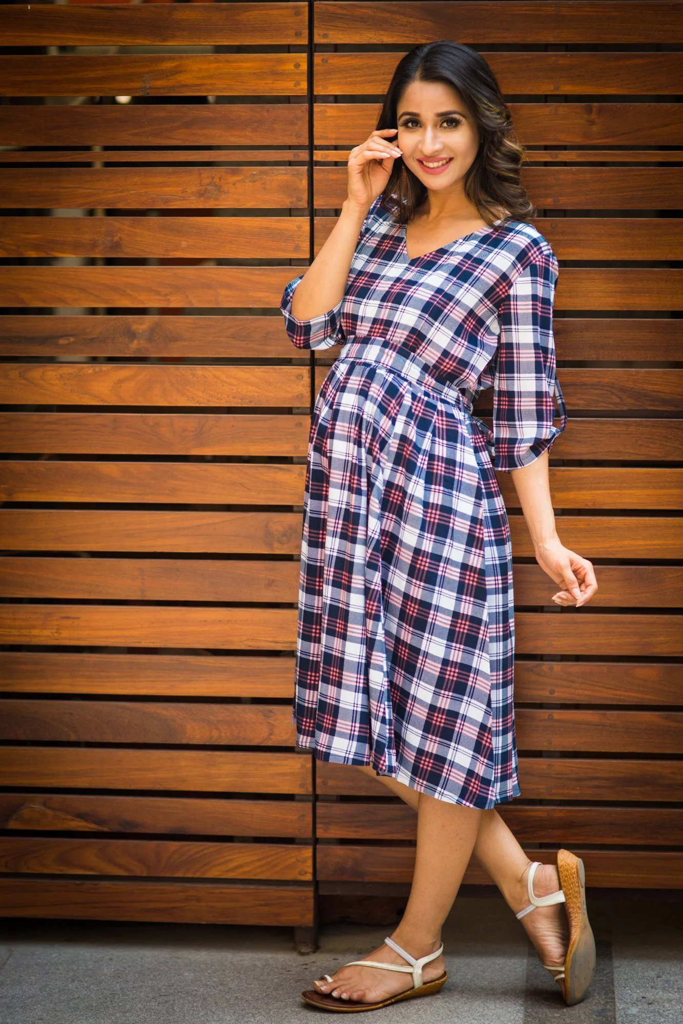 Elegant Chic Blue Plaid Pintucks Maternity & Nursing Dress - Chenance