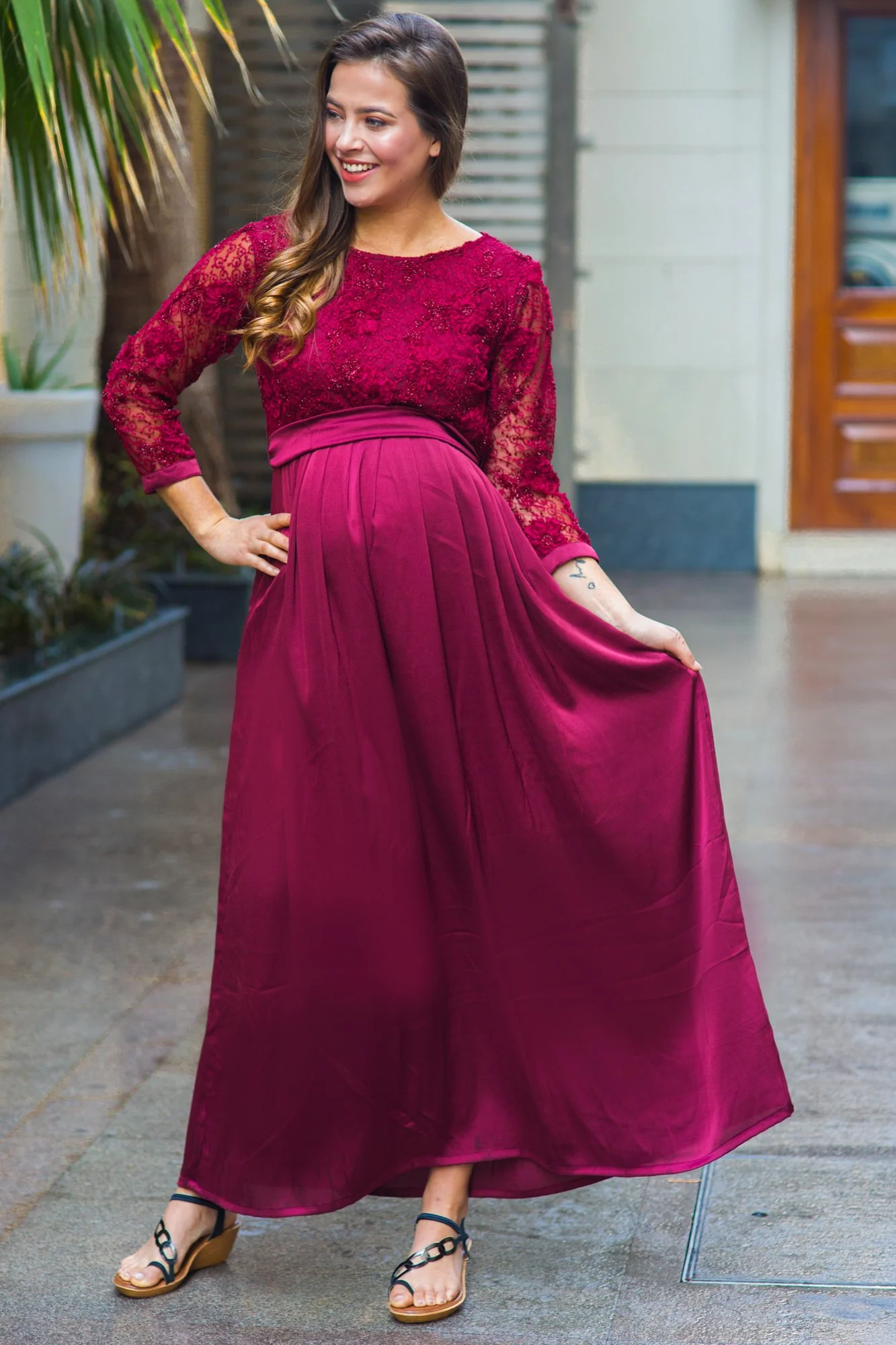 Luxe Elegant Berry Lace Maternity Dress - Chenance