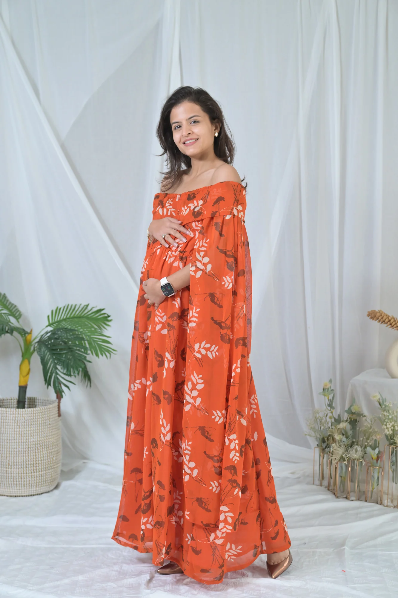 Elegant Rust Floral Butterflying Sleeves Maternity & Nursing Dress - Chenance