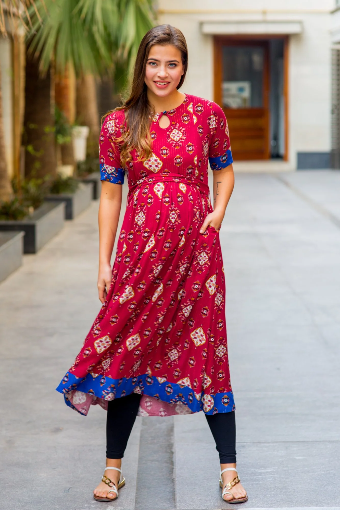 Festive Red Gold Threadwork Maternity & Nursing Concealed Zip Kurta - Chenance