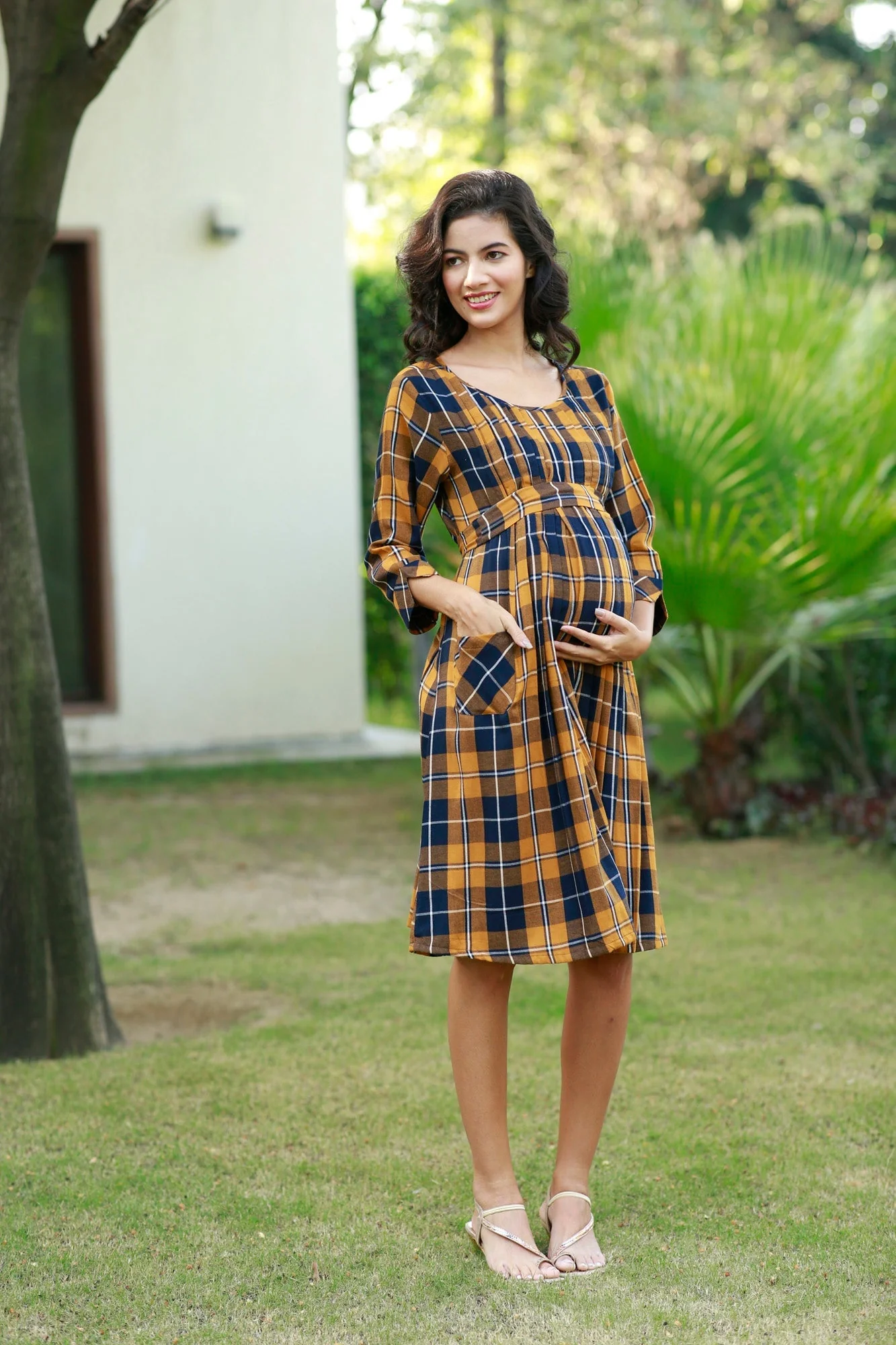 Paradise Mustard Plaid Pintucks Maternity & Nursing Dress - Chenance