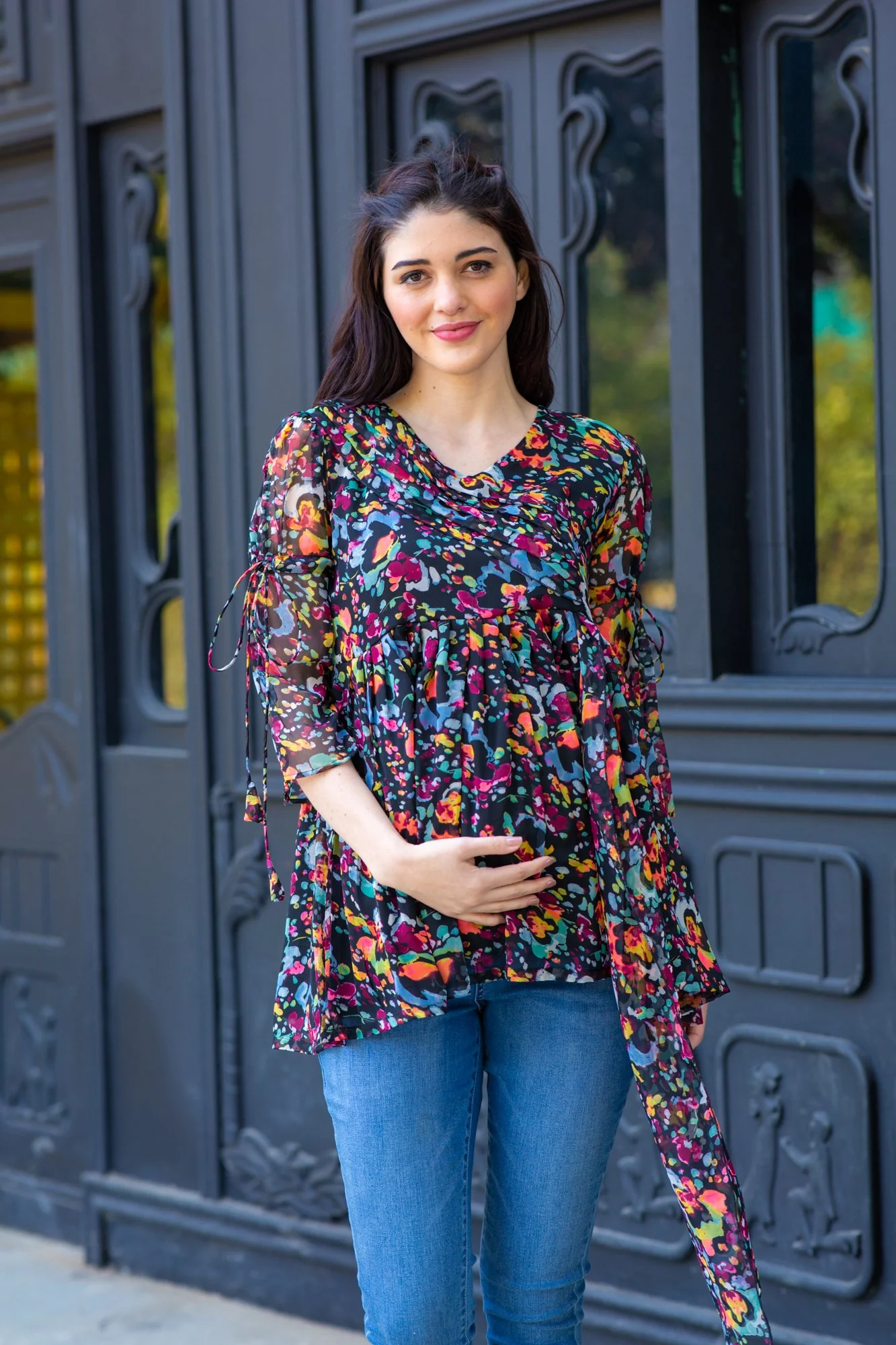 Midnight Bloom Chiffon Gathered Maternity Top - Chenance