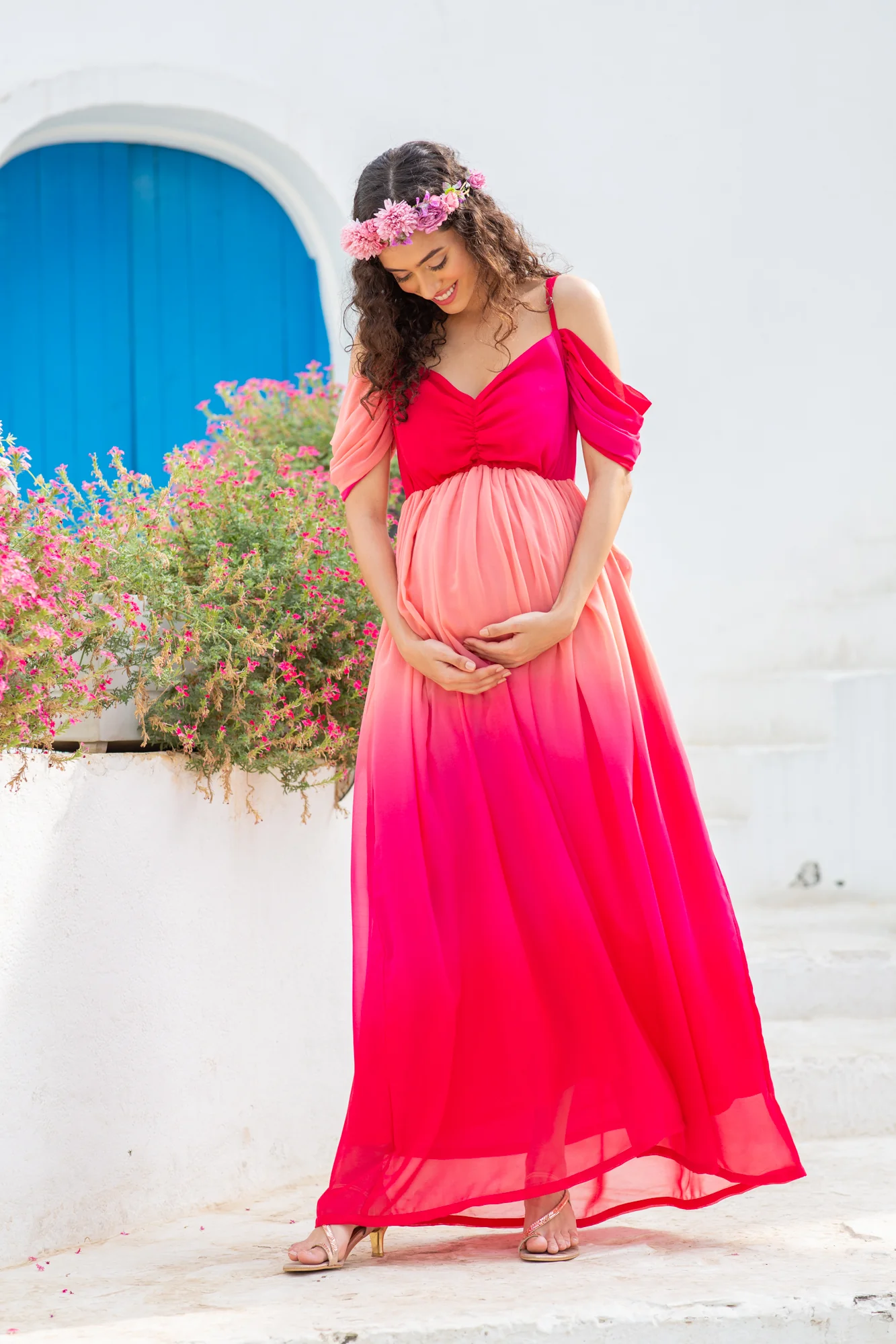 Luxe Graceful Flamingo Off-Shoulder Maternity Photoshoot Gown - Chenance