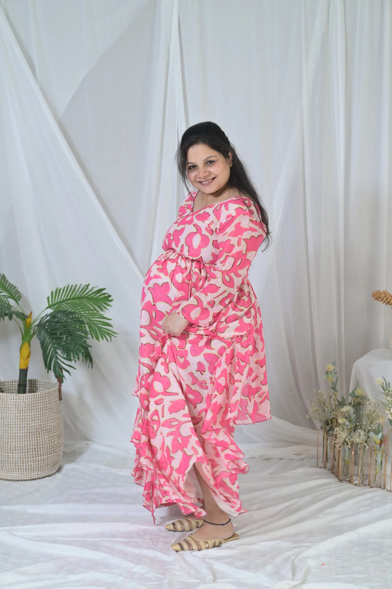 Jolly Pink Floral Maternity Flow Dress - Chenance