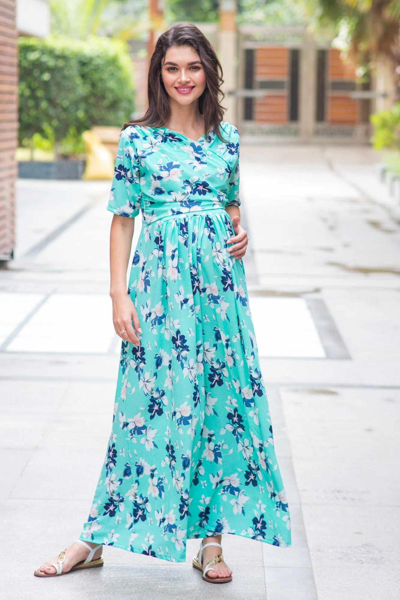 Mint Aquamarine Blossom Maternity & Nursing Wrap Dress - Chenance