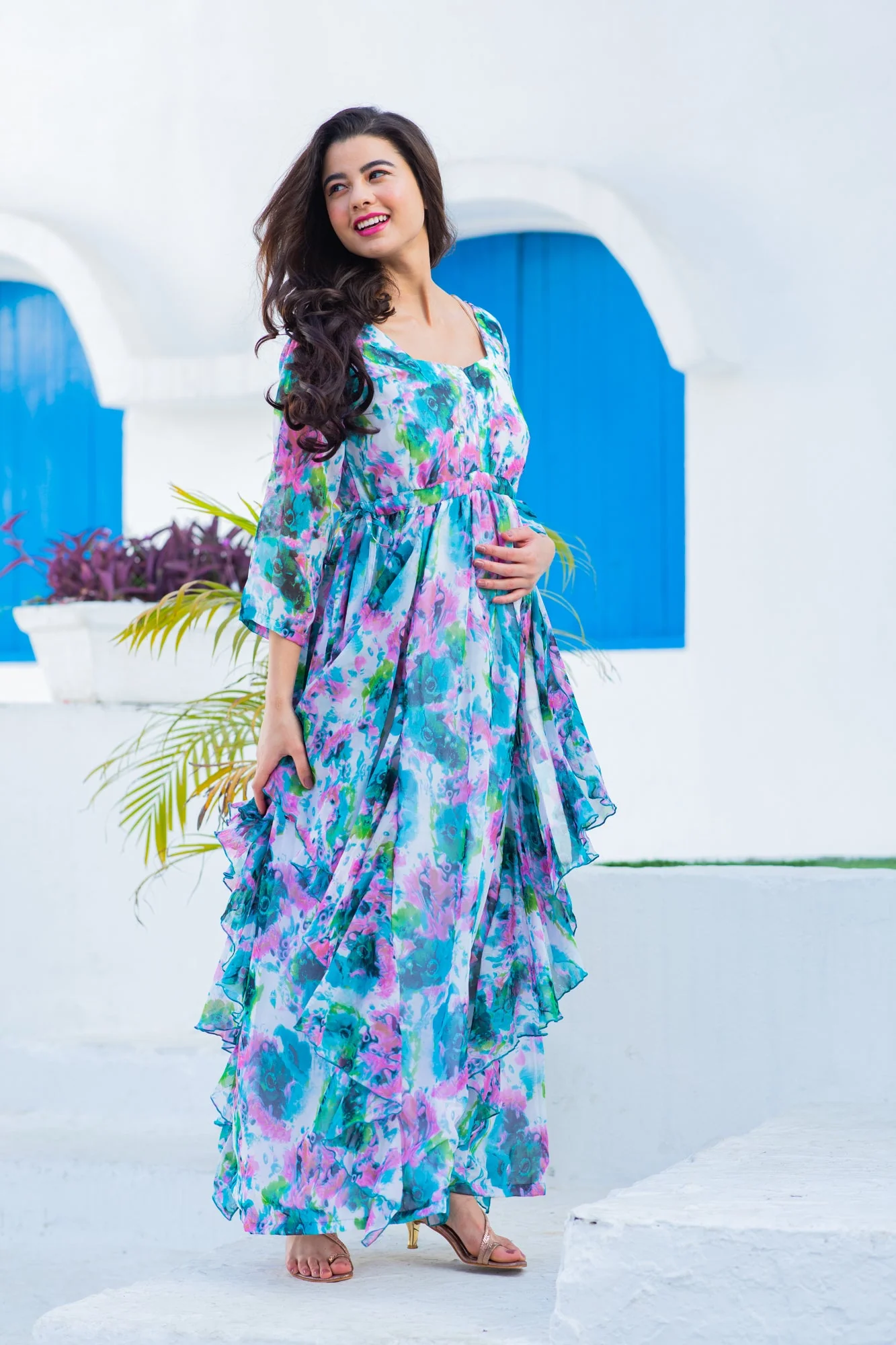 Luxe Vibrant Cascading Floral Maternity & Nursing Flow Dress - Chenance