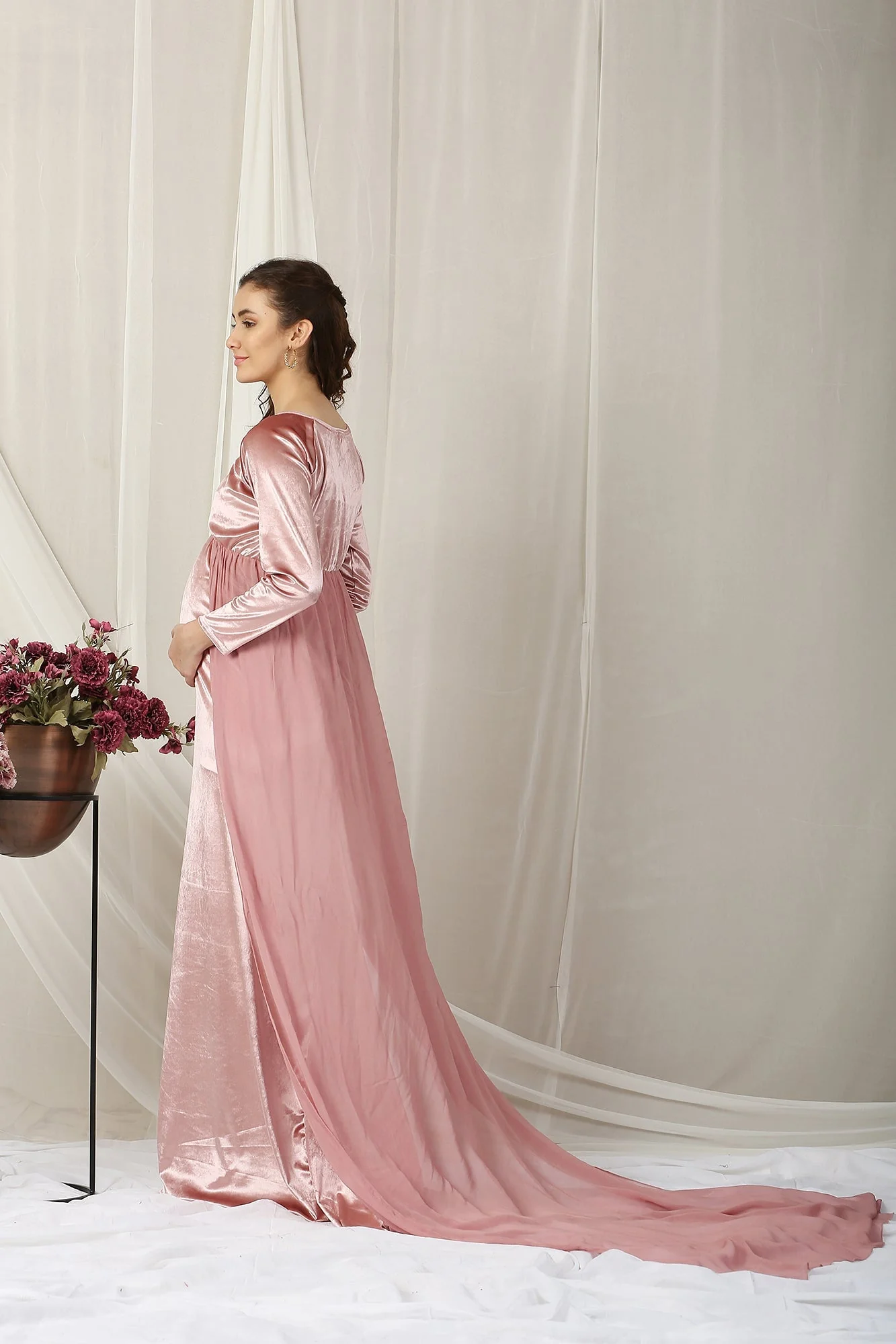 Luxe Sage Pink Trail Maternity Photoshoot Gown - Chenance