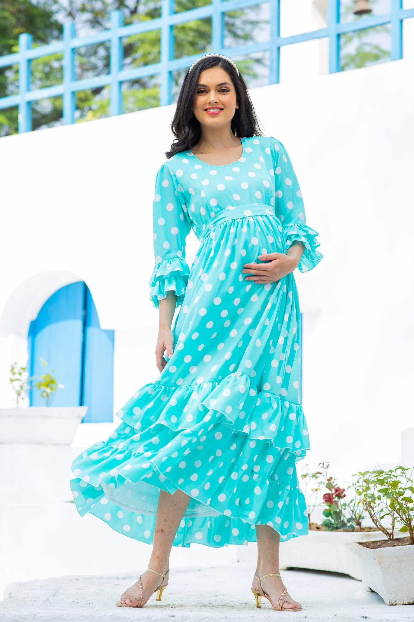 Classic Turquoise Polka Maternity & Nursing Frill Dress - Chenance