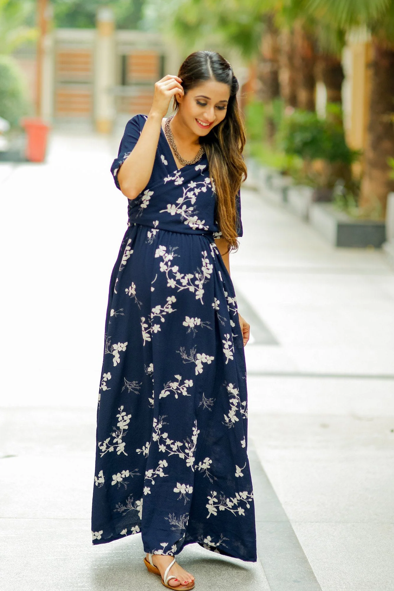 Luxe Navy Pearl Bubble Georgette Maternity & Nursing Wrap Dress - Chenance