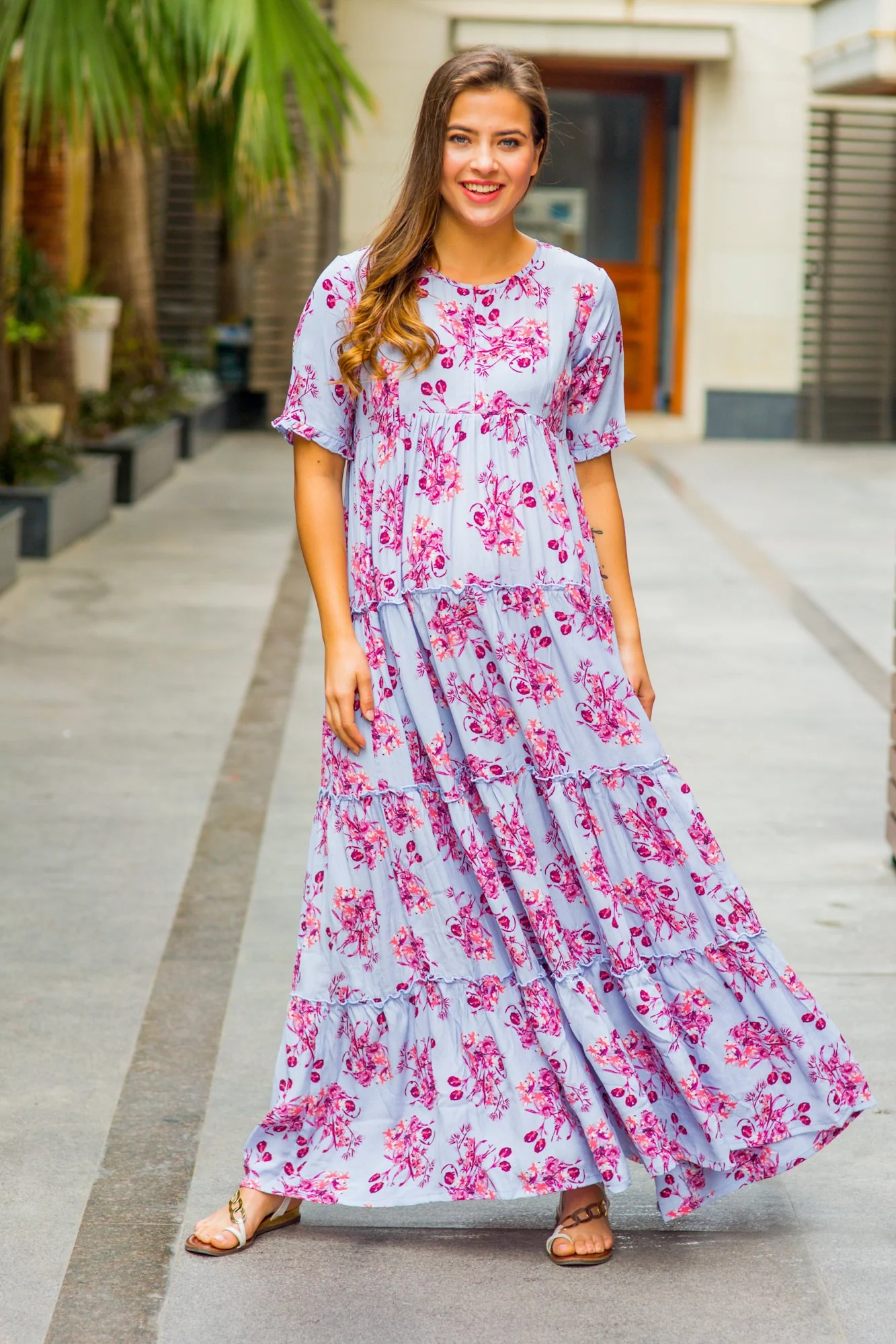 Multilayer Cyan Blue Frill Maternity & Nursing Dress - Chenance