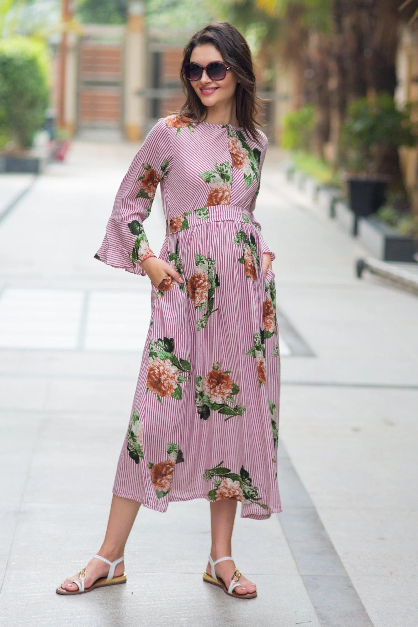 Striped Floral Boho Maternity & Nursing Dress - Chenance
