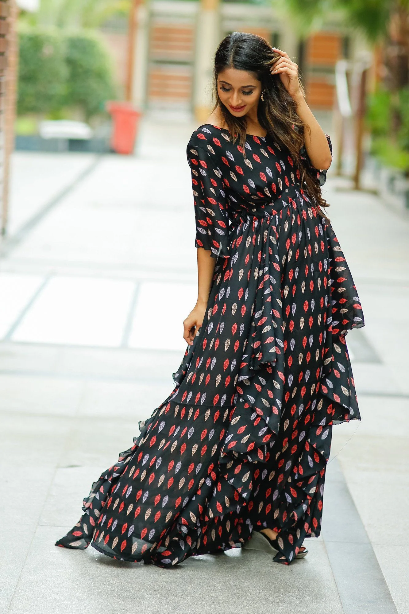 Leafy Black Crepe Cascading Maternity Dress - Chenance