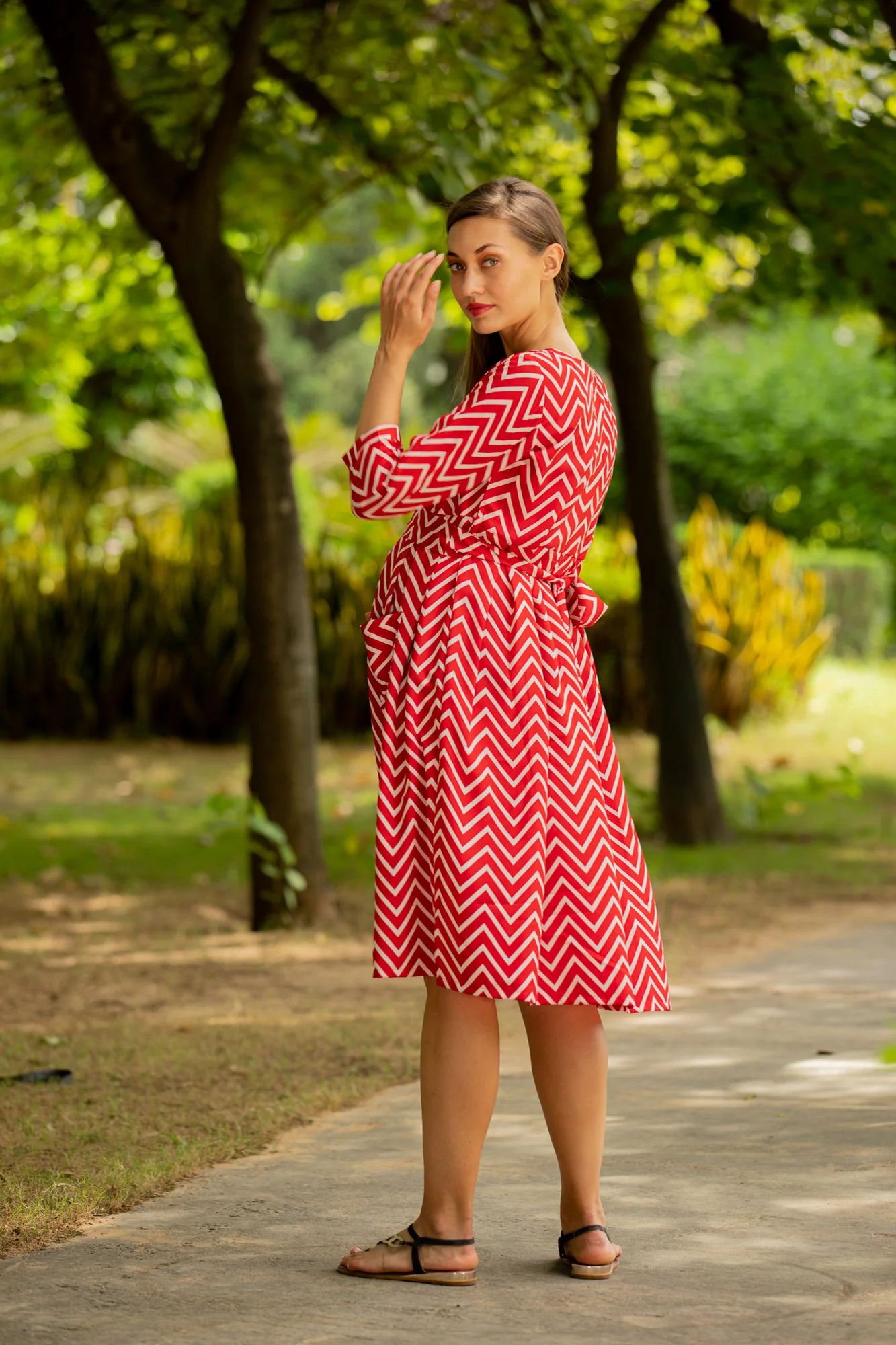 Red Zig Zag Pocket Maternity & Nursing Dress - Chenance