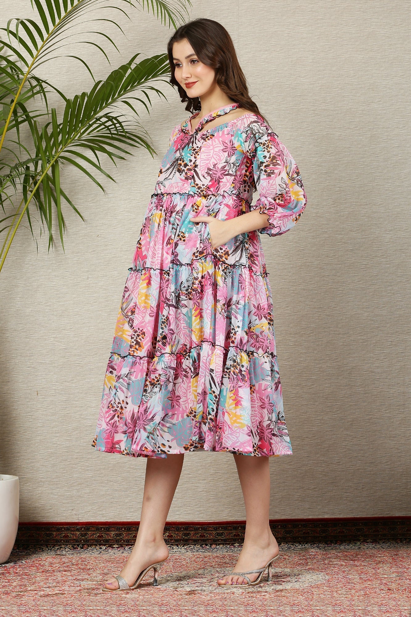 Cascading Retro Leafy Pink Halter Maternity & Nursing Frill Dress - Chenance