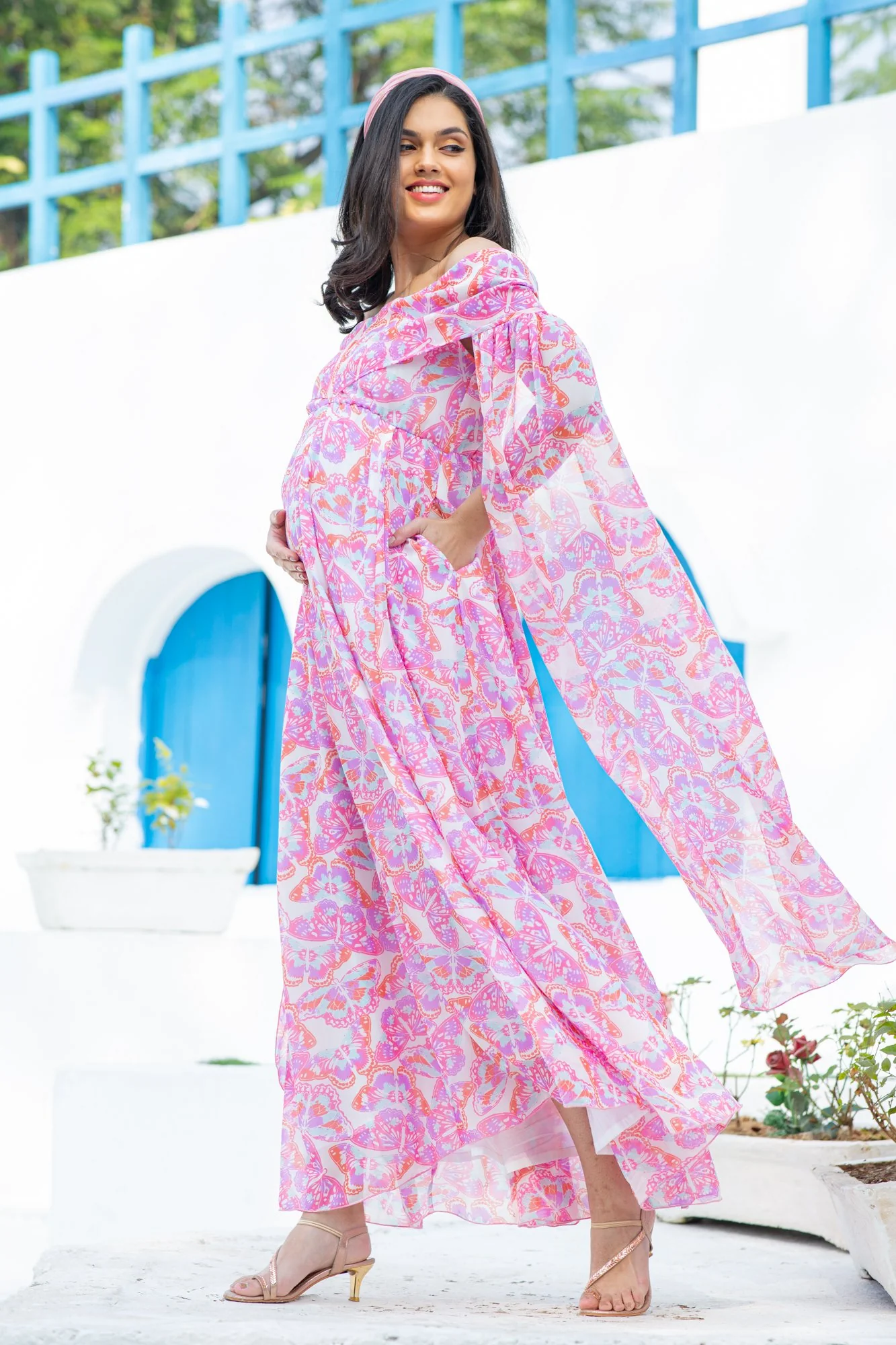 Pink Butterfly Flying Sleeves Maternity & Nursing Dress - Chenance