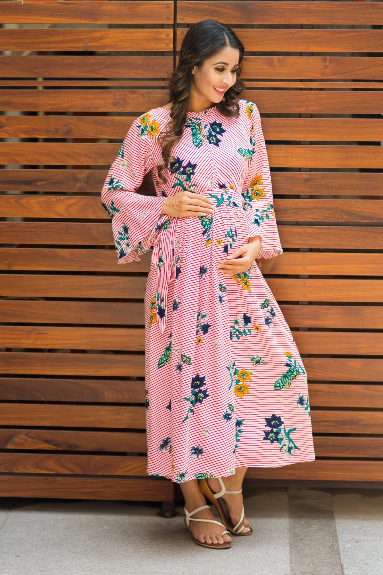 Floral Red Striped Front Zip Boho Maternity & Nursing Dress - Chenance