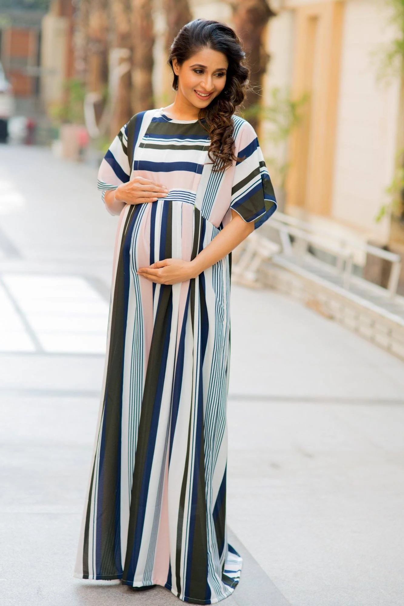 Peaches & Cream Stripe Crepe Maternity & Nursing Maxi - Chenance