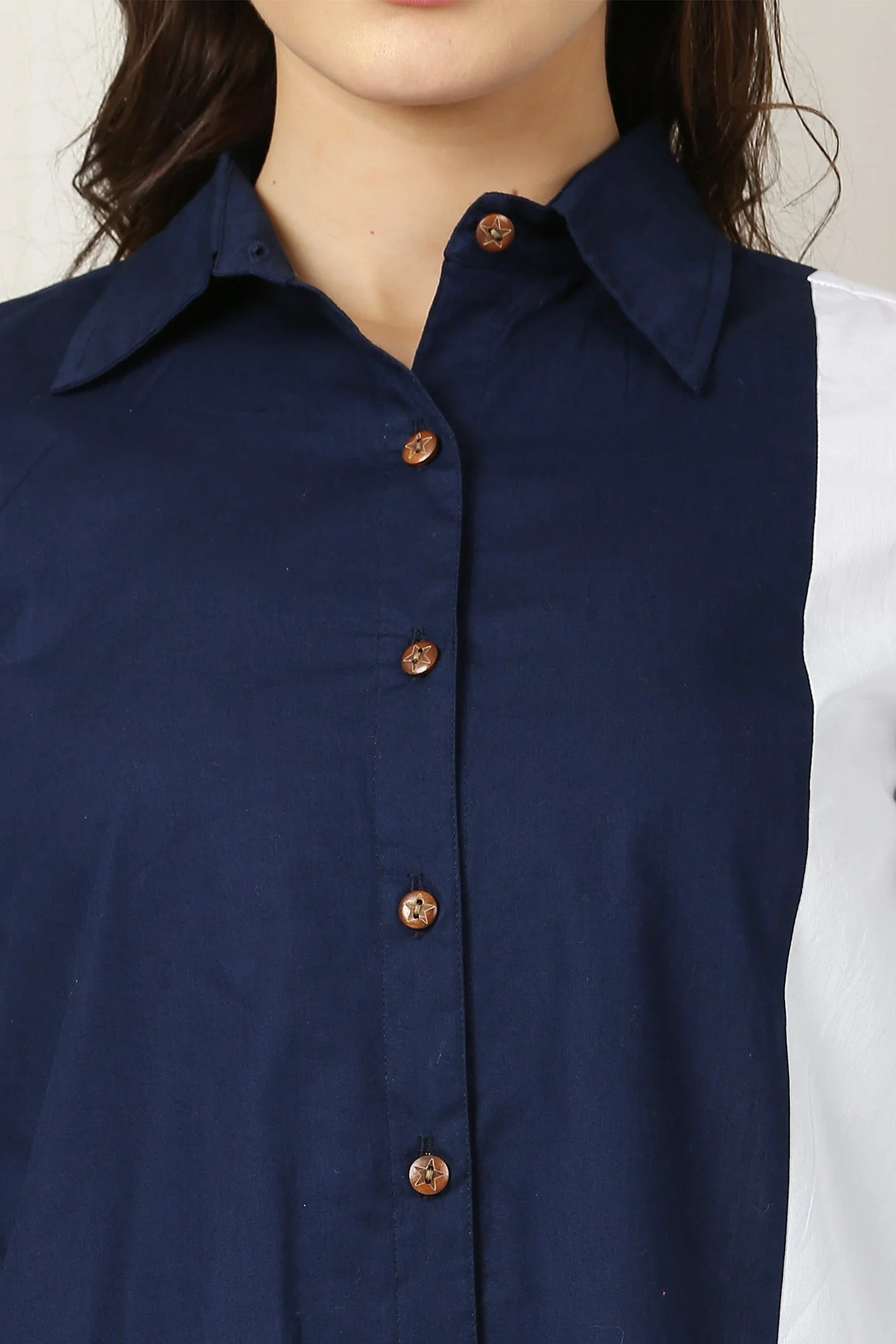 Women Classic Navy Blue - White Shirt Dress (100% Cotton) - Chenance