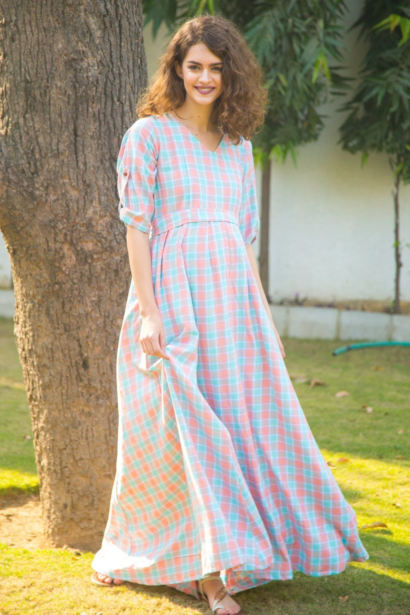 Pastel Pink Plaid Maternity & Nursing Maxi Dress - Chenance