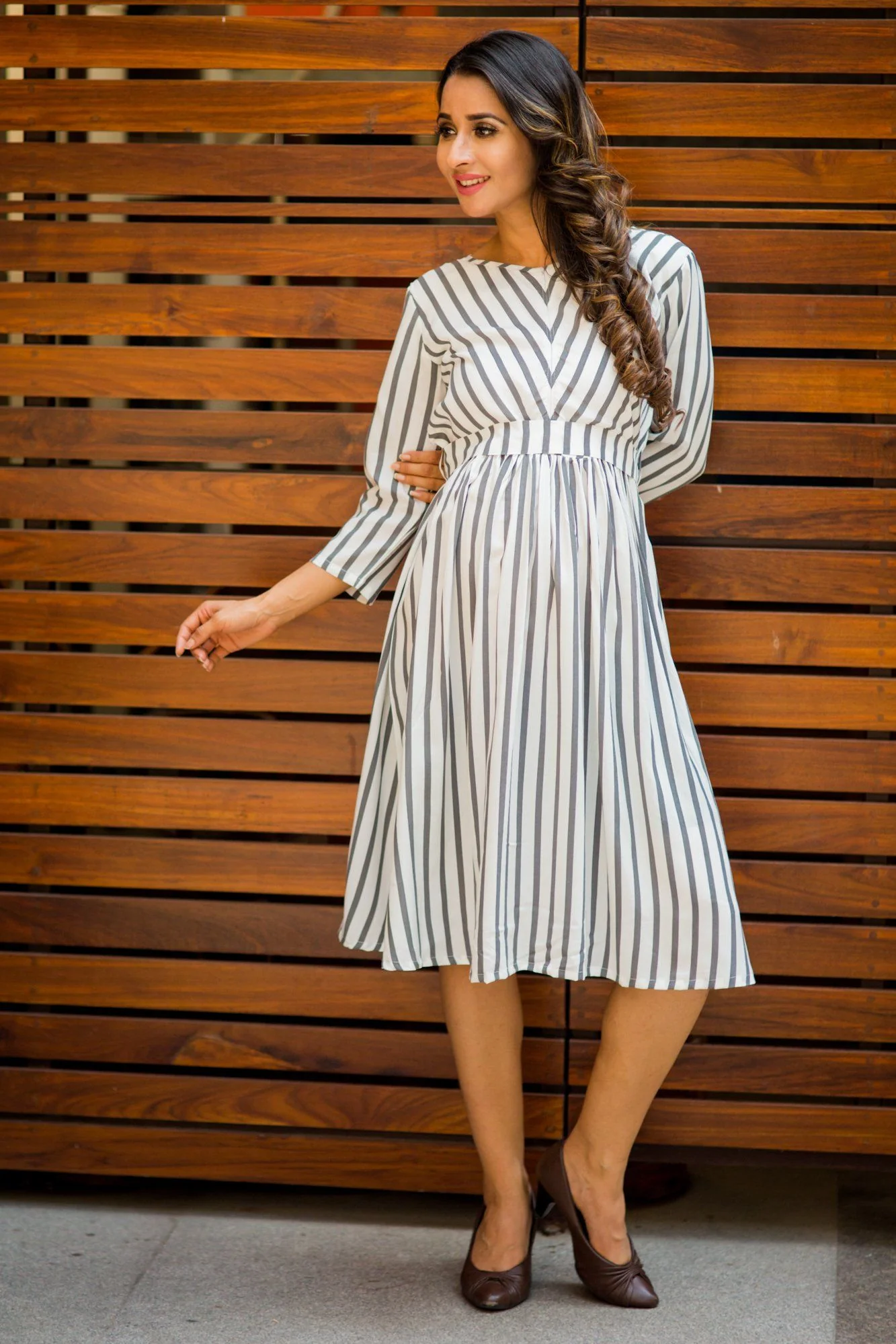 Timeless Grey White Striped Nursing Rayon Dress - Chenance