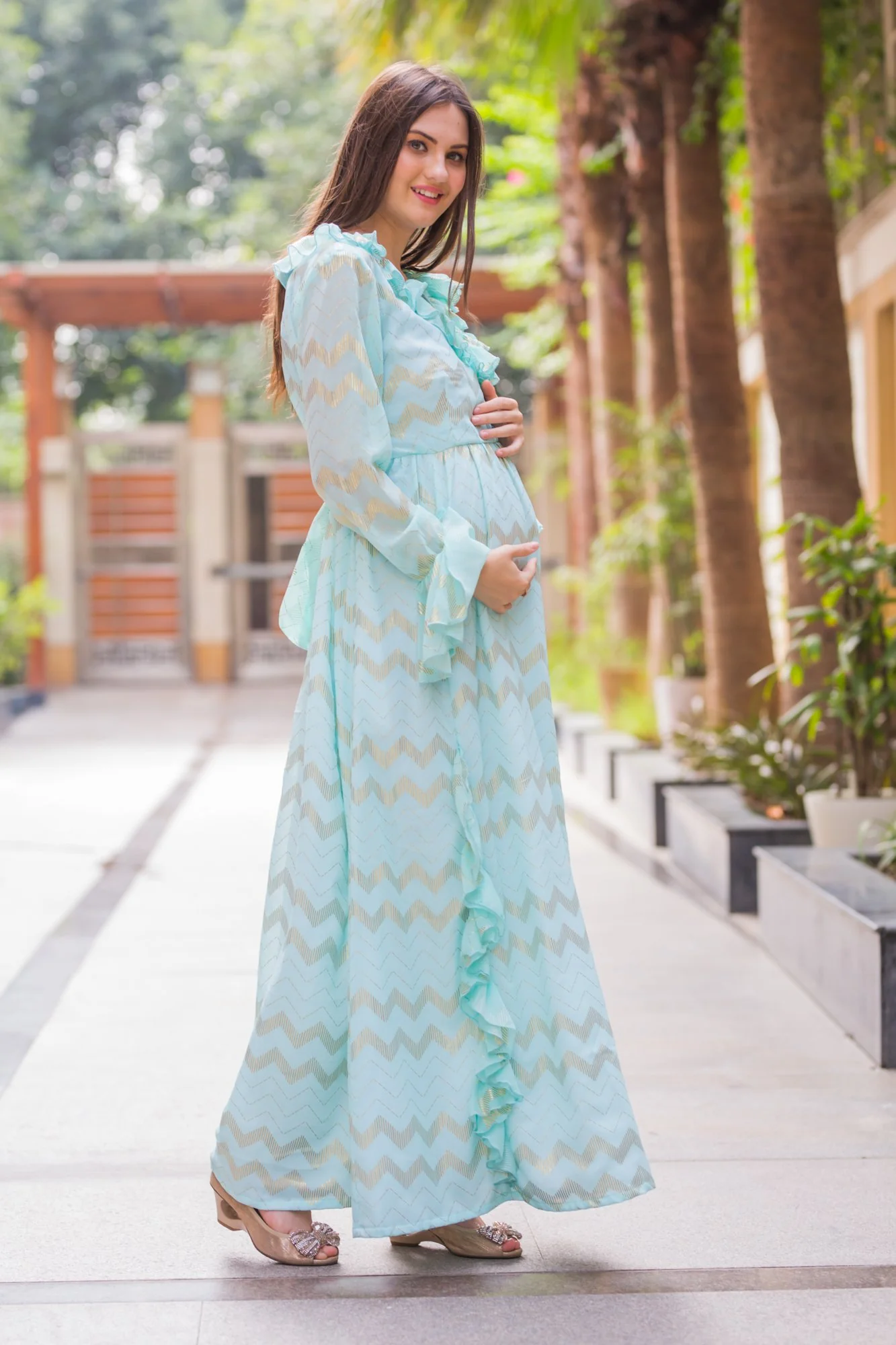 Pastel Blue Embellished Maternity & Nursing Dress - Chenance