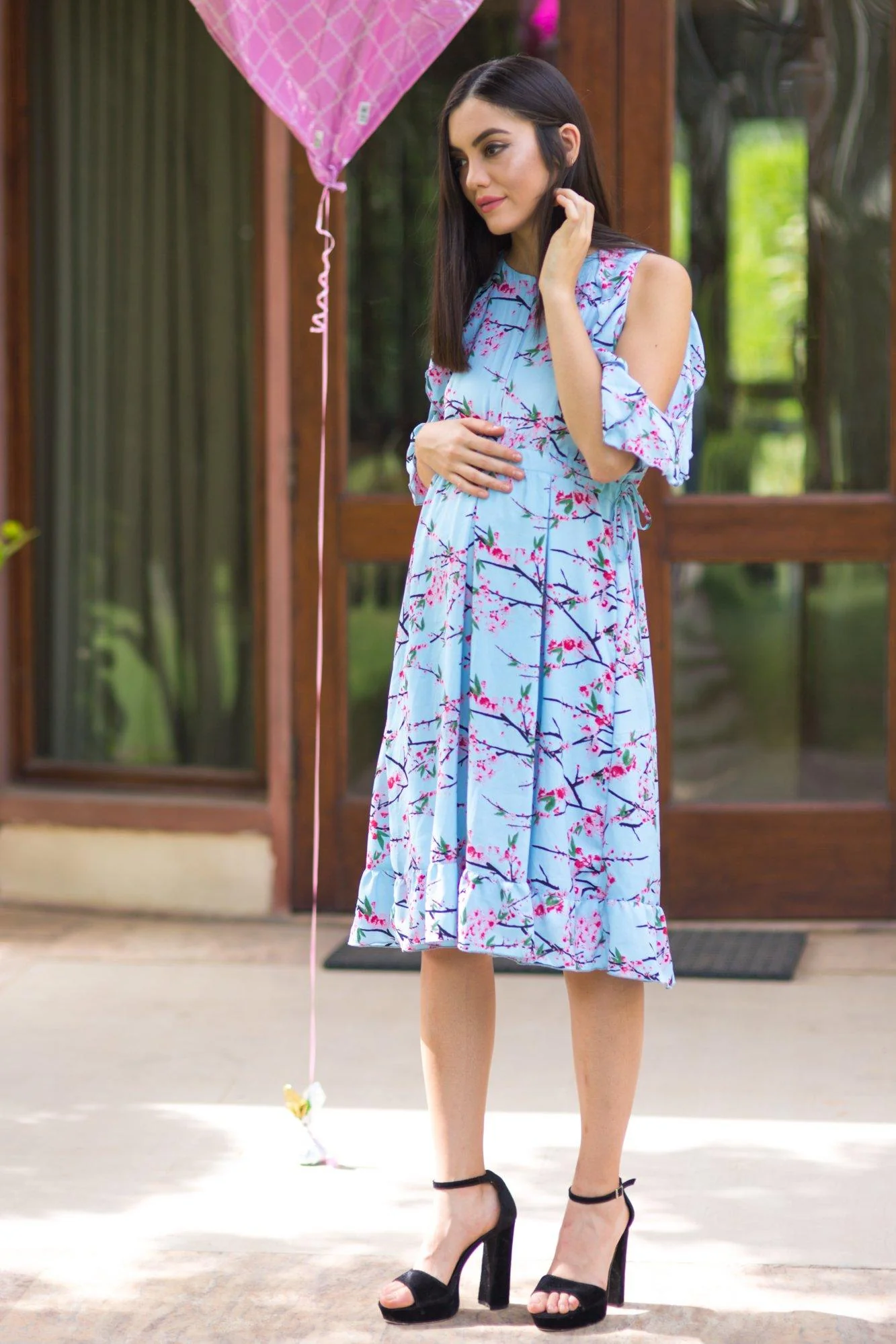 Ice Blue Frill Front Zip Maternity & Nursing Dress - Chenance