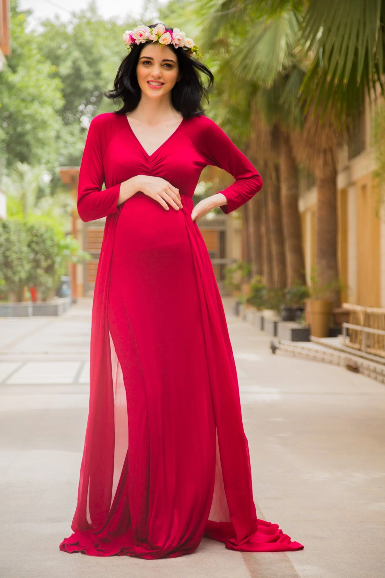 Exclusive Cherry Red Trail Maternity Photoshoot Gown - Chenance