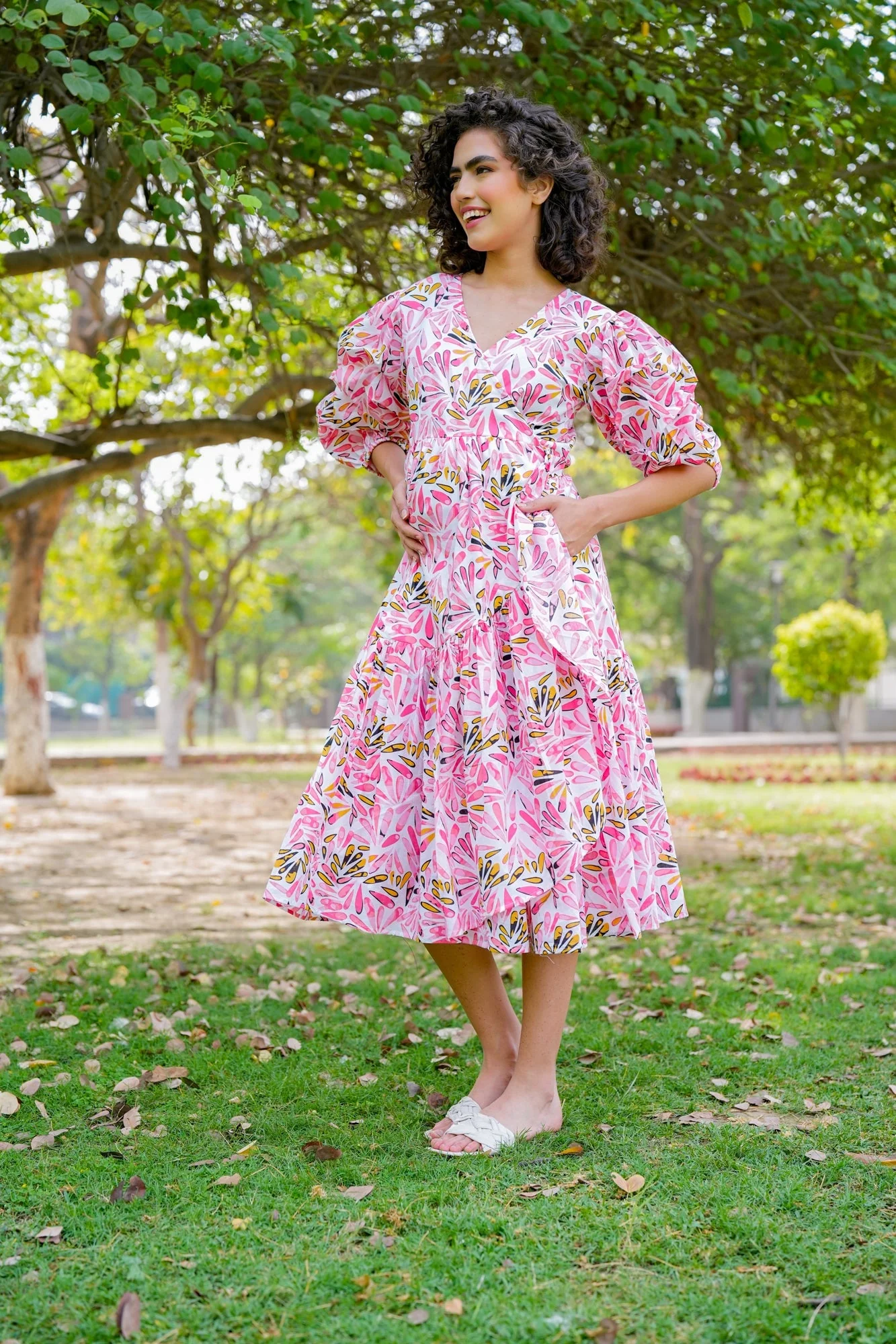 Pleasing Ivory Pinky Blossom Maternity & Nursing Frill Wrap Dress (100% Cotton) - Chenance