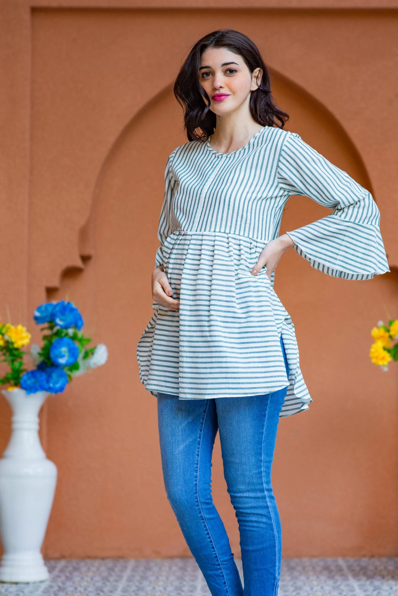 Royal Striped Gathered Nursing Top - Chenance