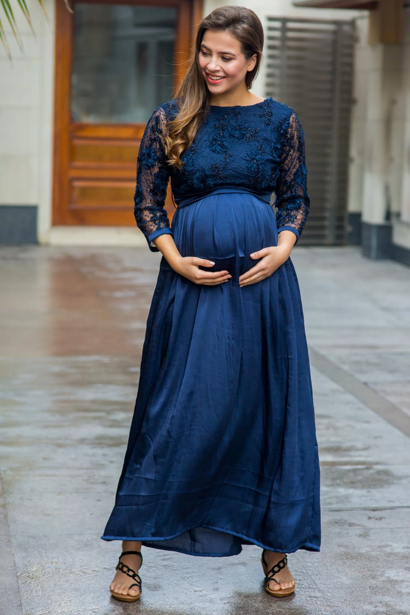 Luxe Elegant Blue Lace Embroidered Maternity Dress - Chenance