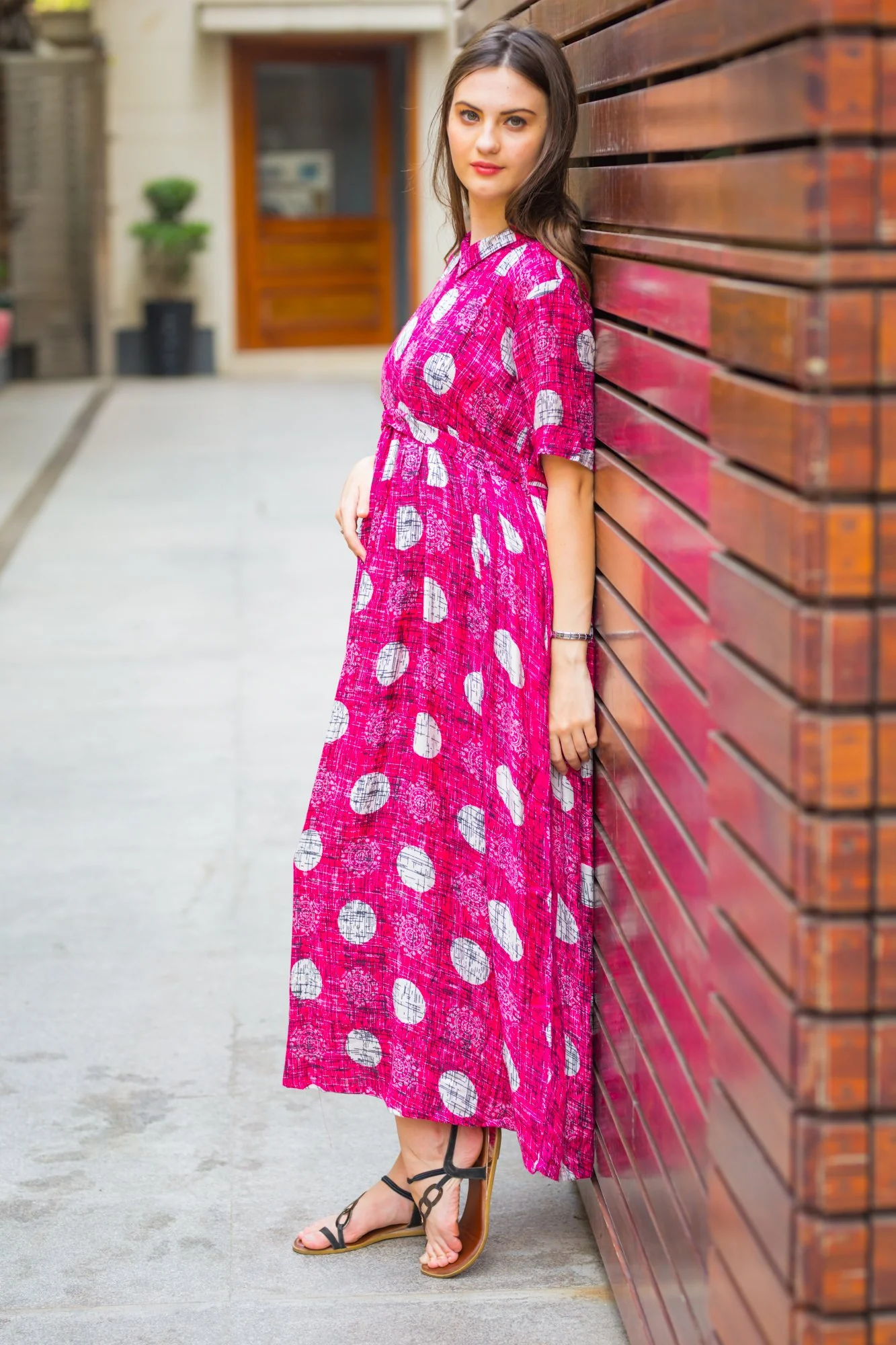 Magenta Polka Maternity & Nursing Kurta Dress - Chenance