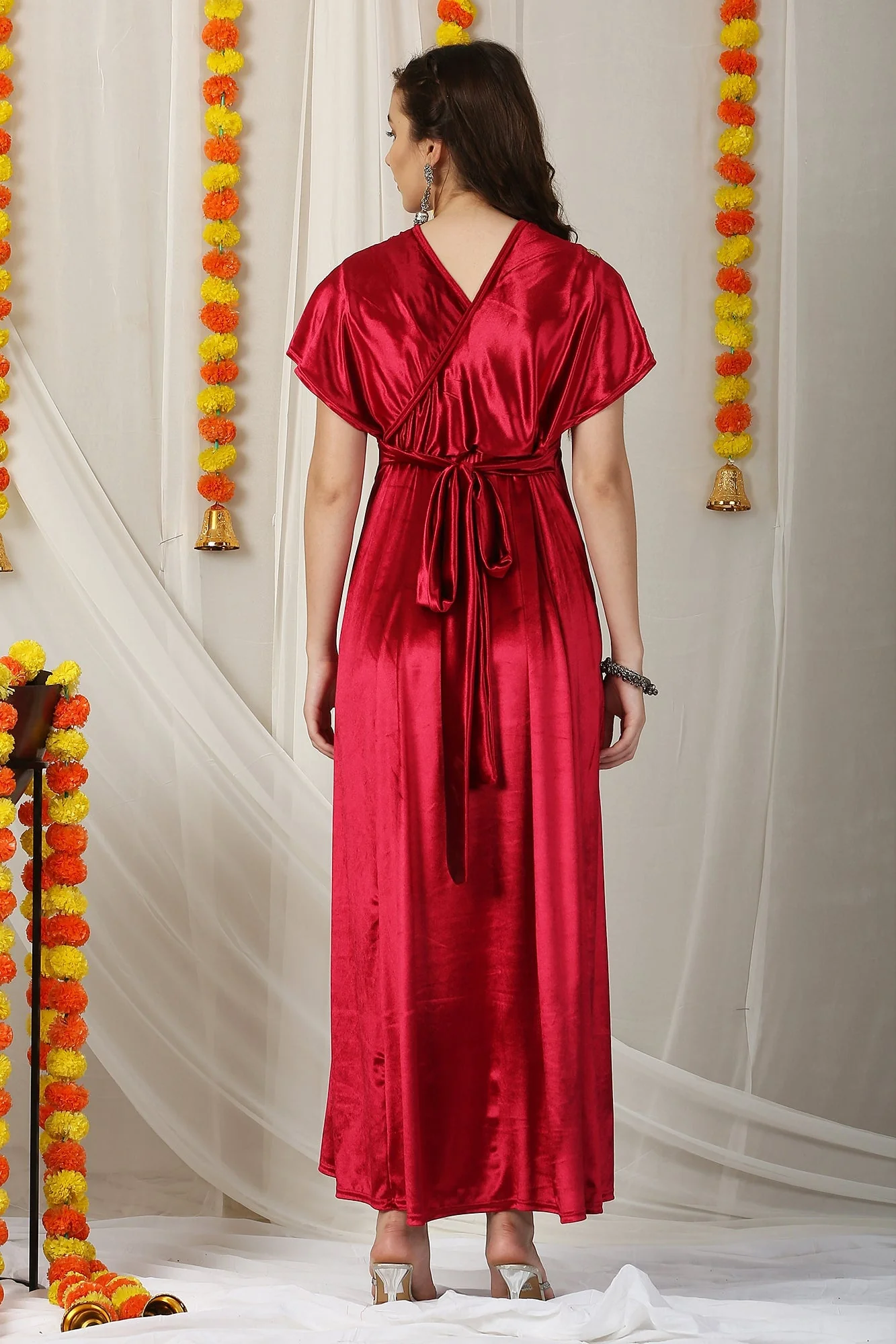 Graceful Hot Red Velvet Maternity & Nursing Embroidered Wrap Dress - Chenance