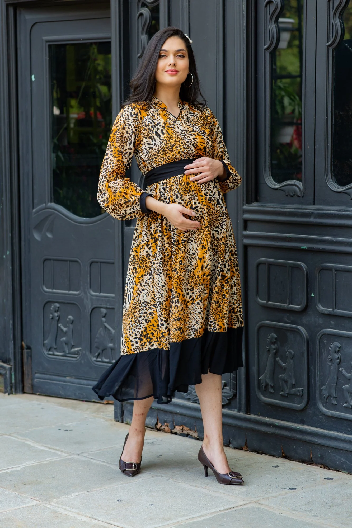 Premium Tropical Brown Maternity & Nursing Midi Wrap Dress - Chenance