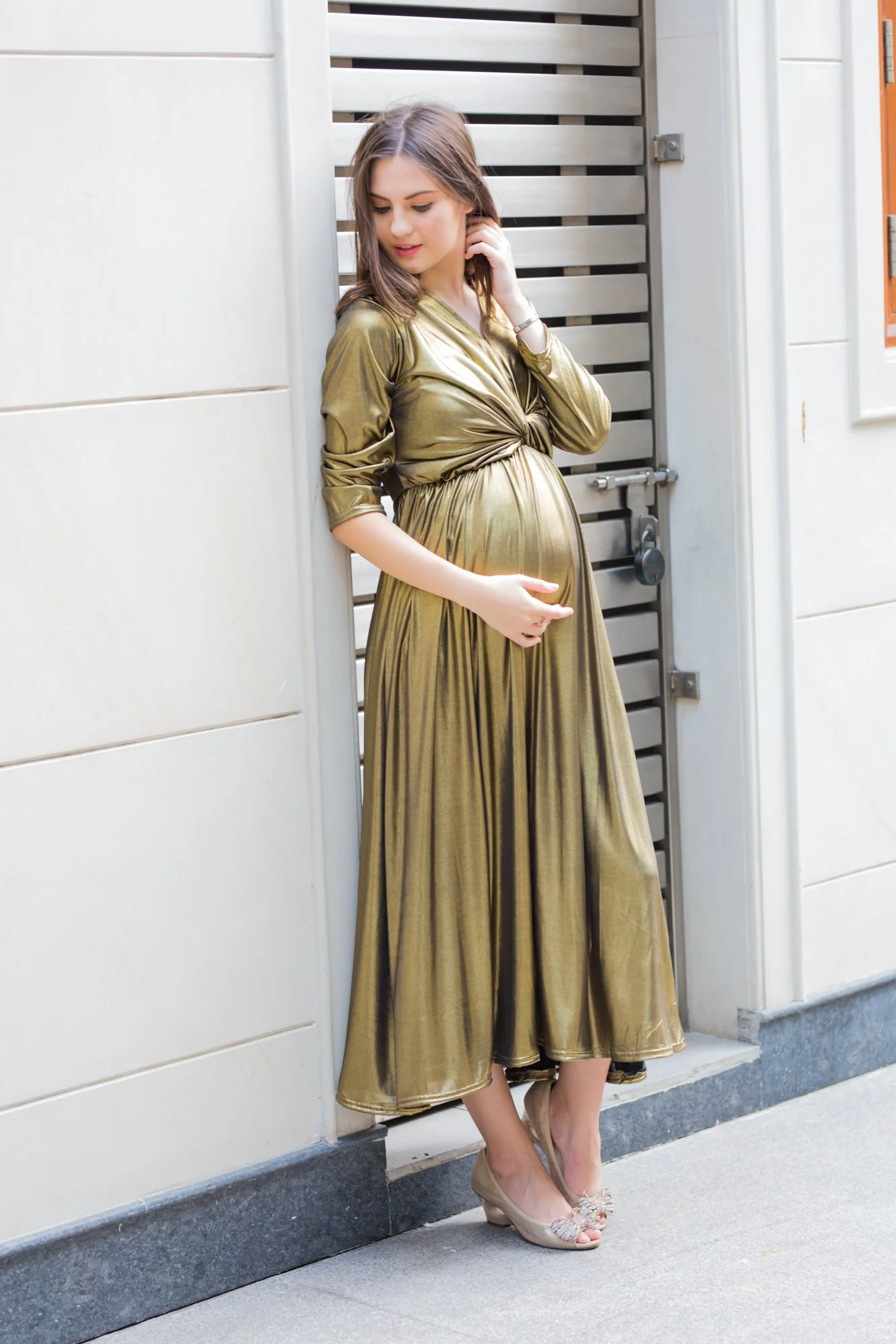 Exclusive Gold Front Knot Lycra Maternity Dress - Chenance
