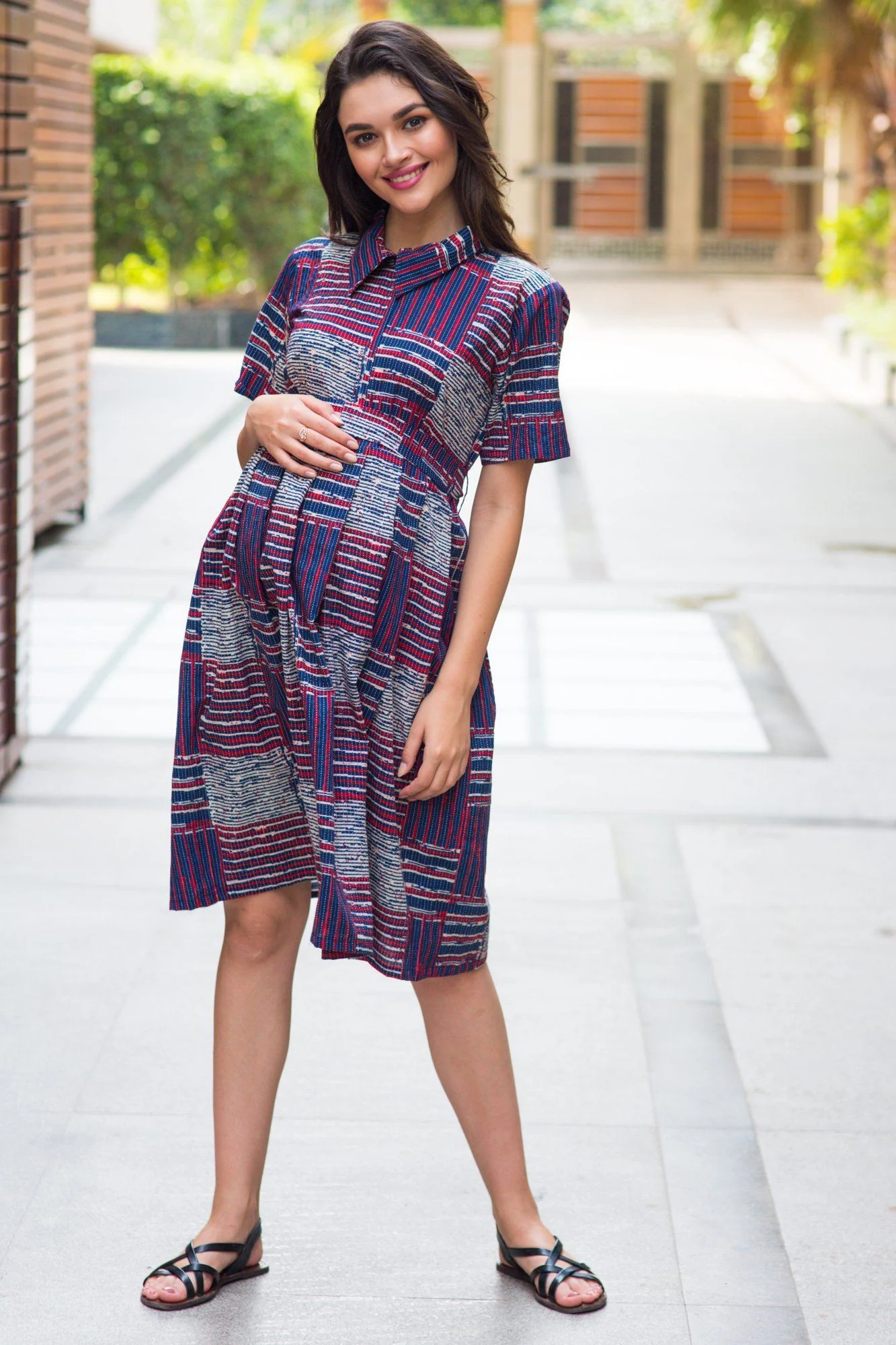 Cotton Patched Striped Maternity & Nursing Dress - Chenance