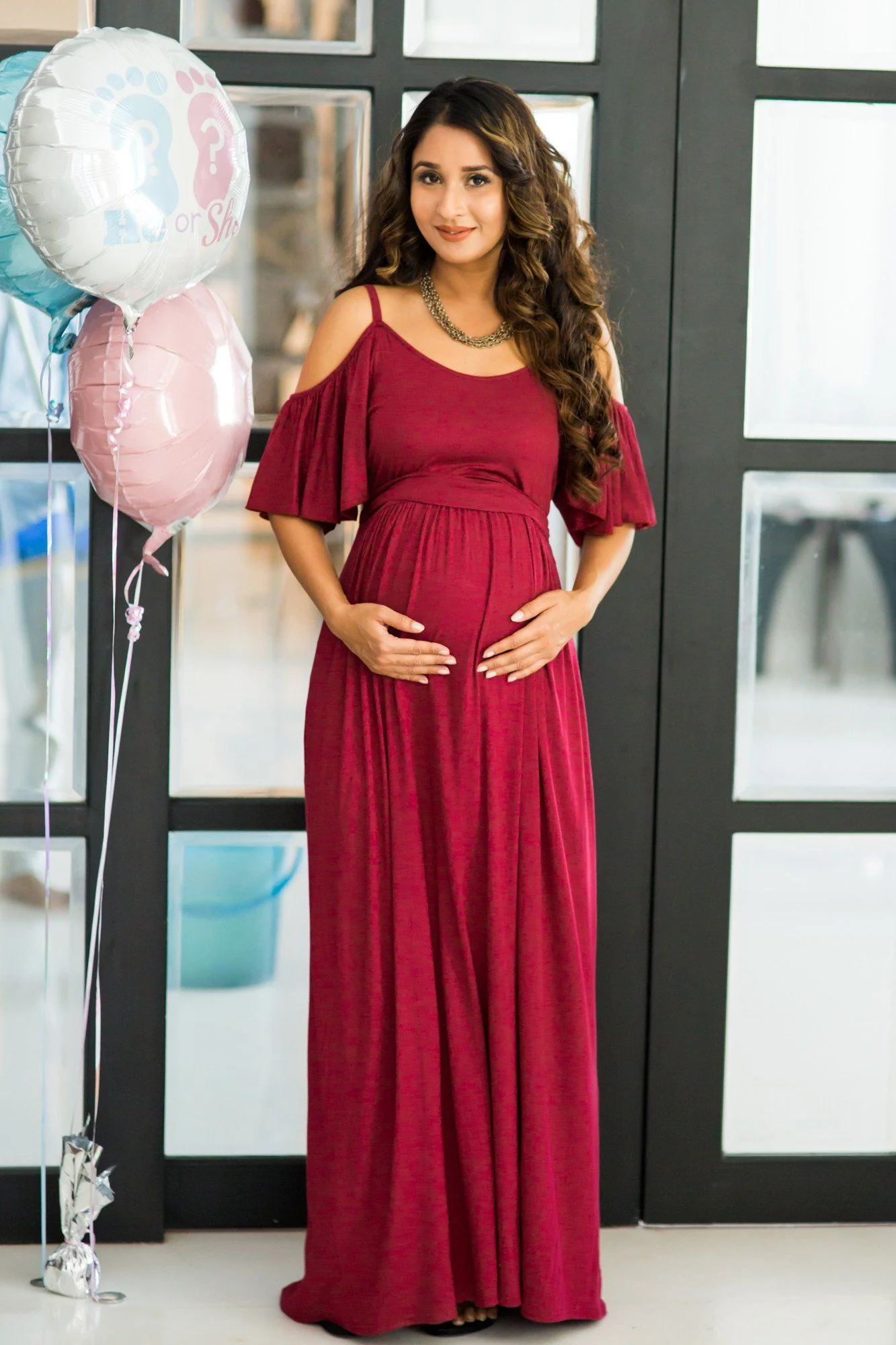 Burgandy Cold Shoulder Maternity Maxi Dress - Chenance