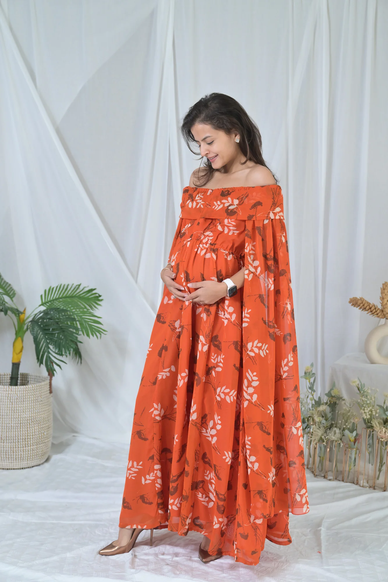 Elegant Rust Floral Butterflying Sleeves Maternity & Nursing Dress - Chenance