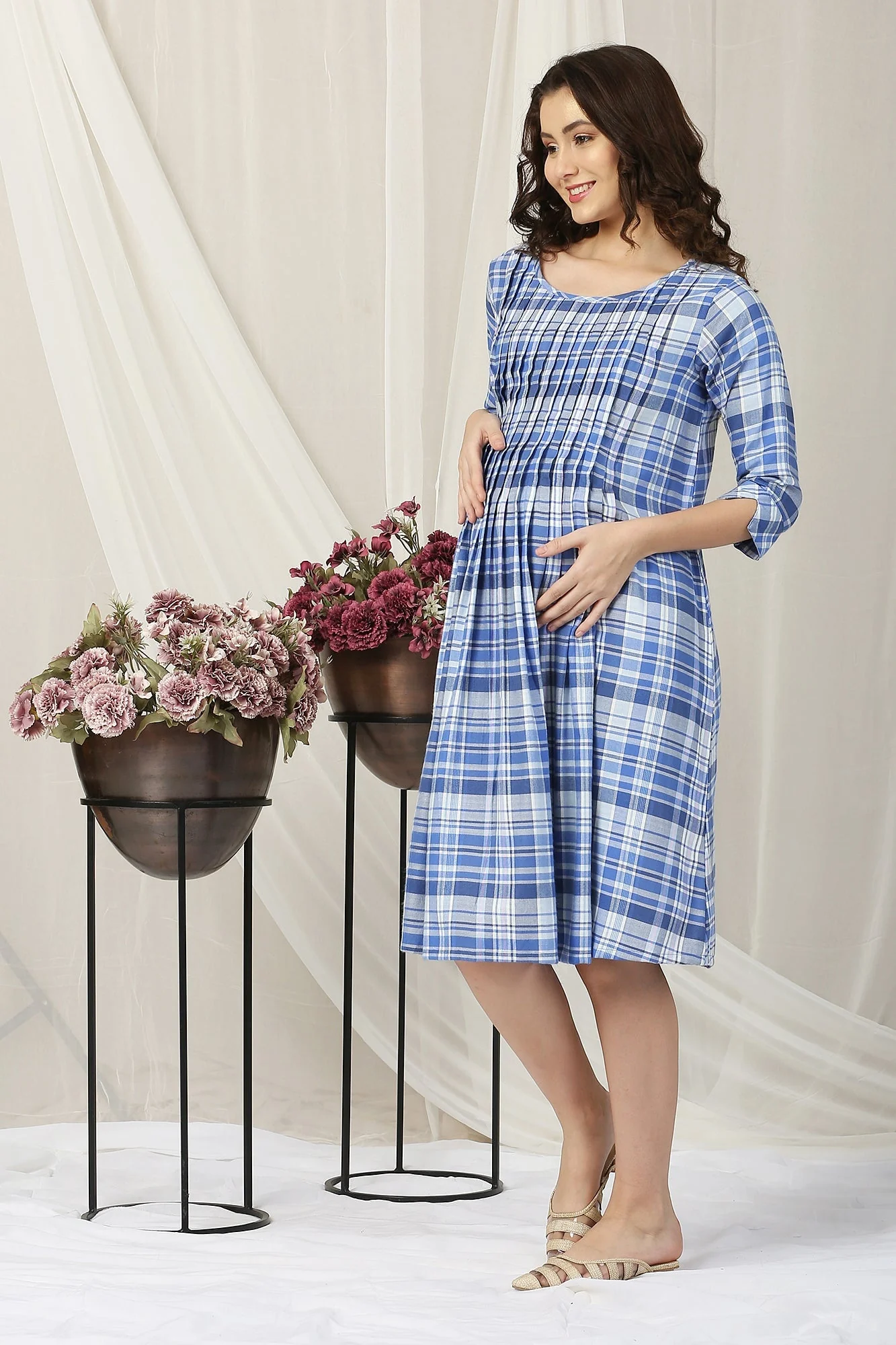 Blue Checks Maternity & Nursing Pintuck Dress - Chenance