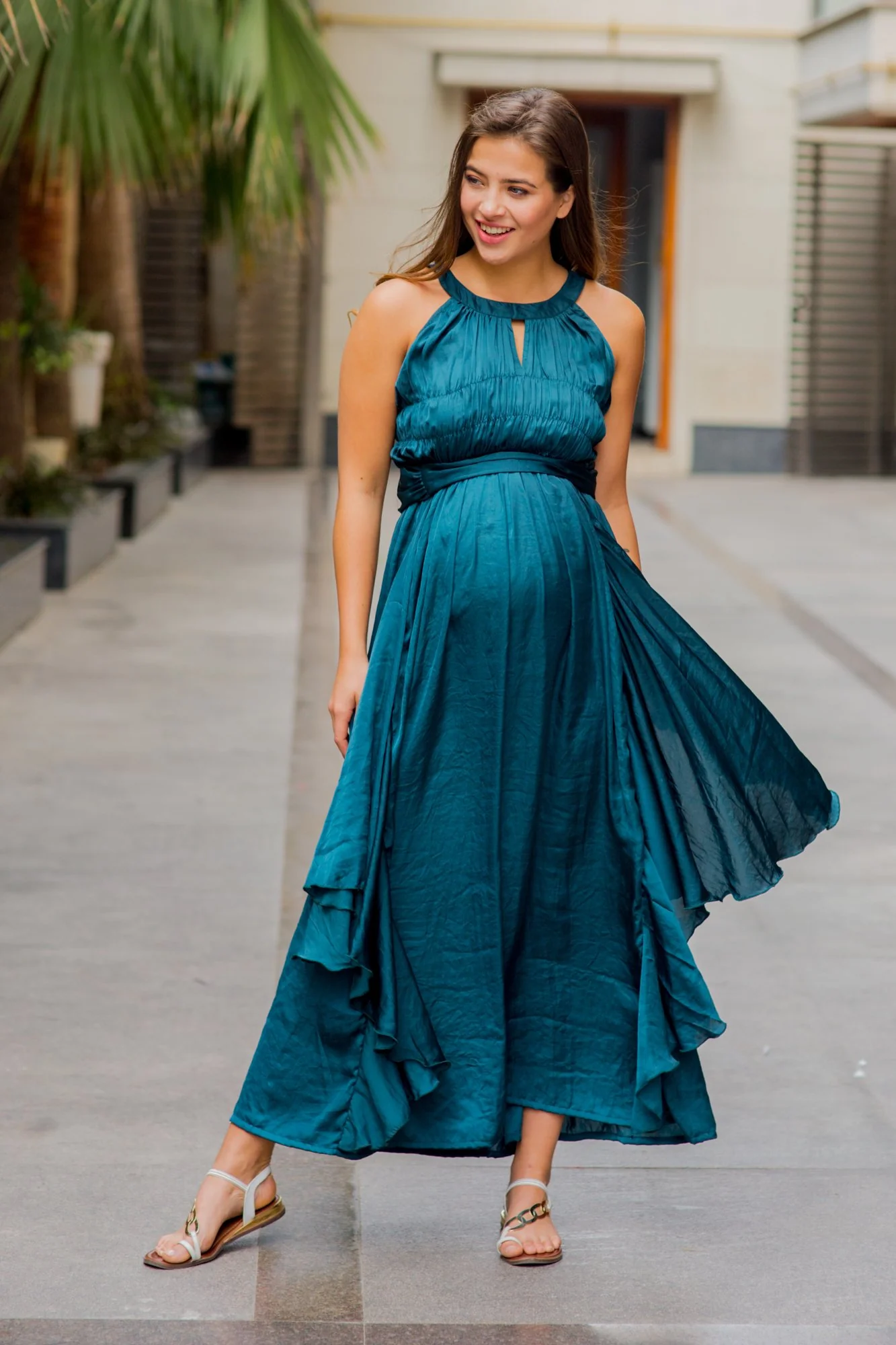 Luxe Teal Ruching Maternity Flow Dress - Chenance