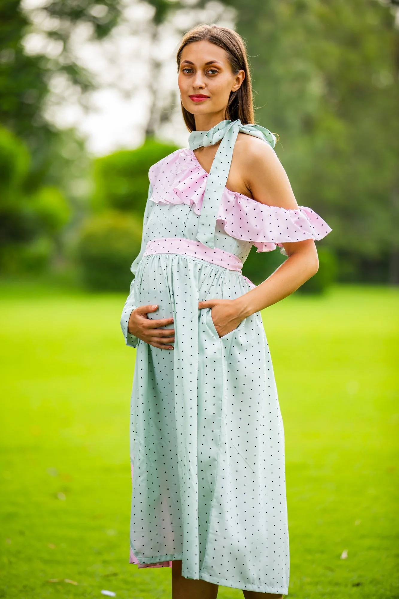 Mint Blush Polka Neck Tie Maternity & Nursing Dress - Chenance