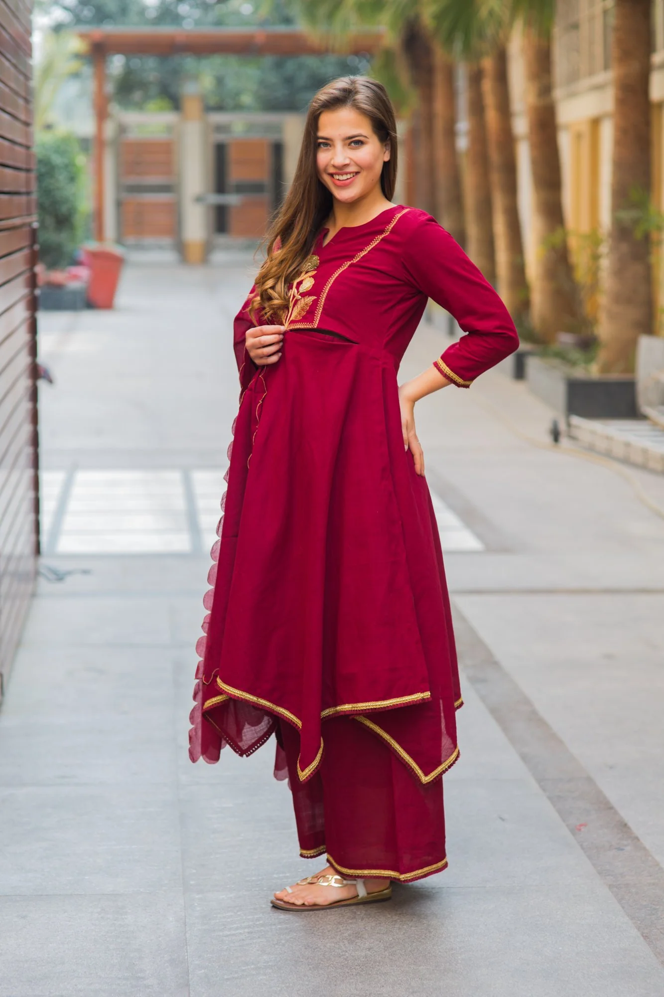 Premium Maroon Assym Gold Zari Maternity & Nursing Suit Set (3 pc) - Chenance