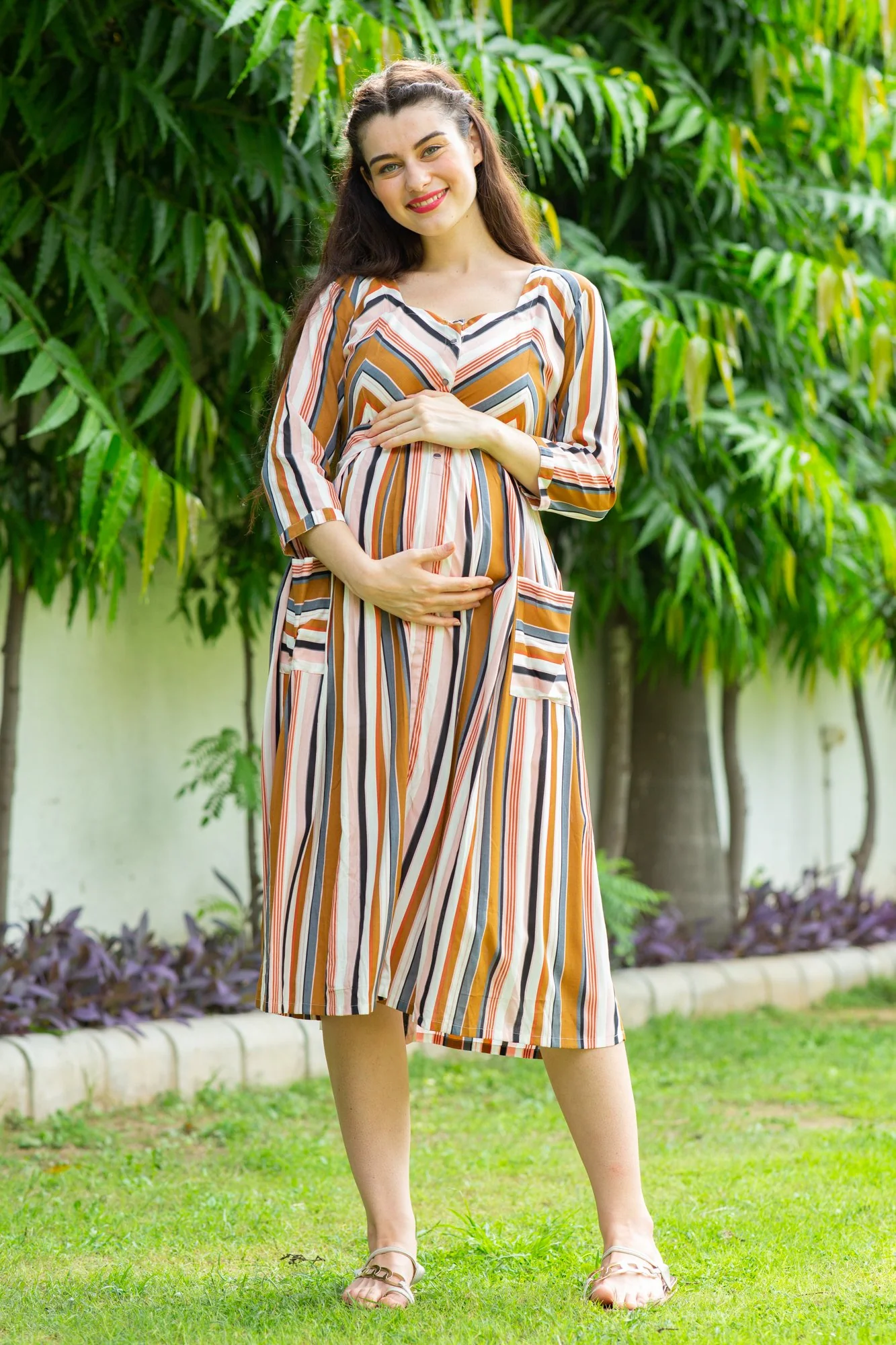 Multi Striped Pocket Maternity & Nursing Dress - Chenance