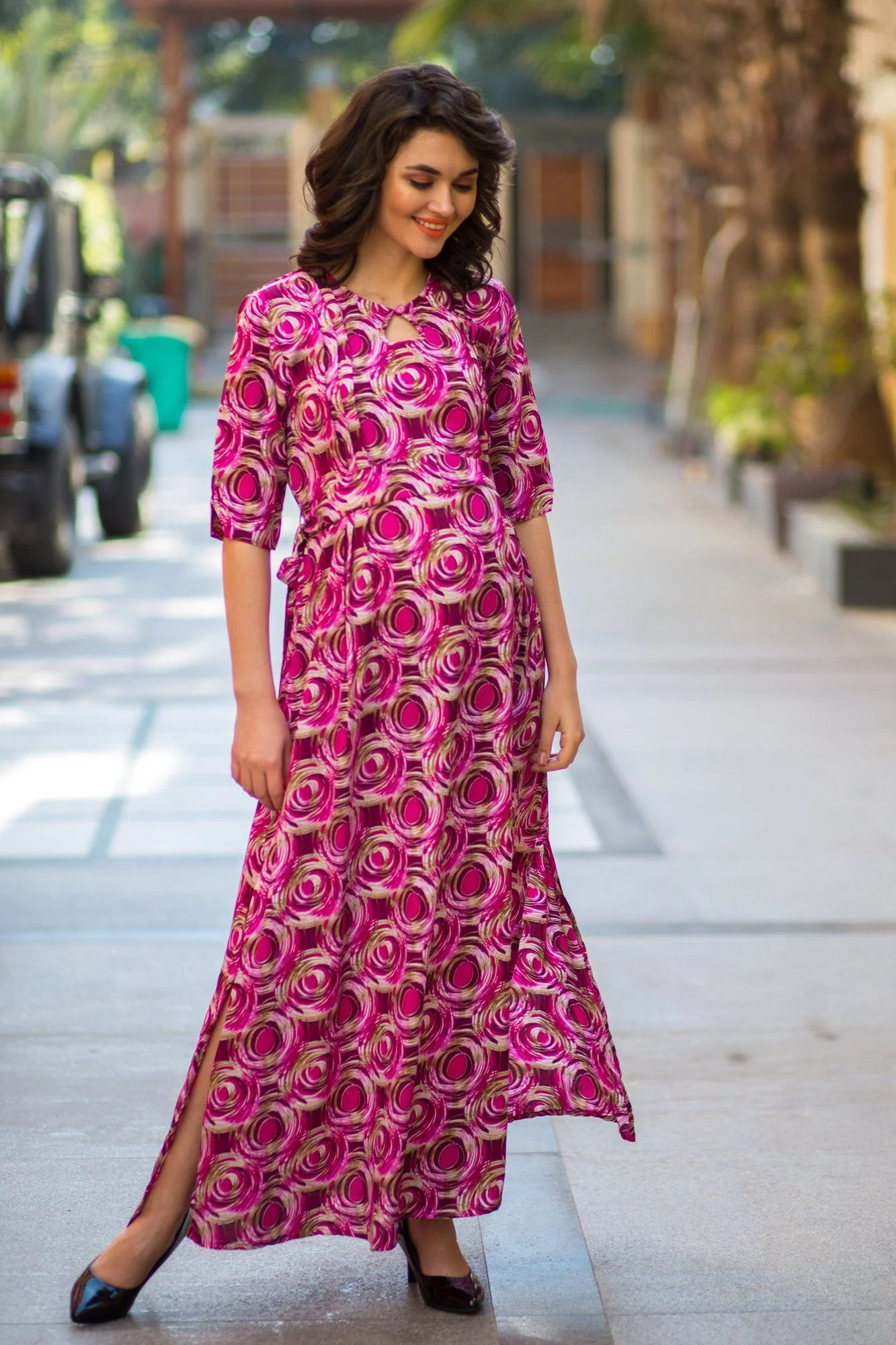 Pink Matte Side Slit Maternity & Feeding Dress - Chenance