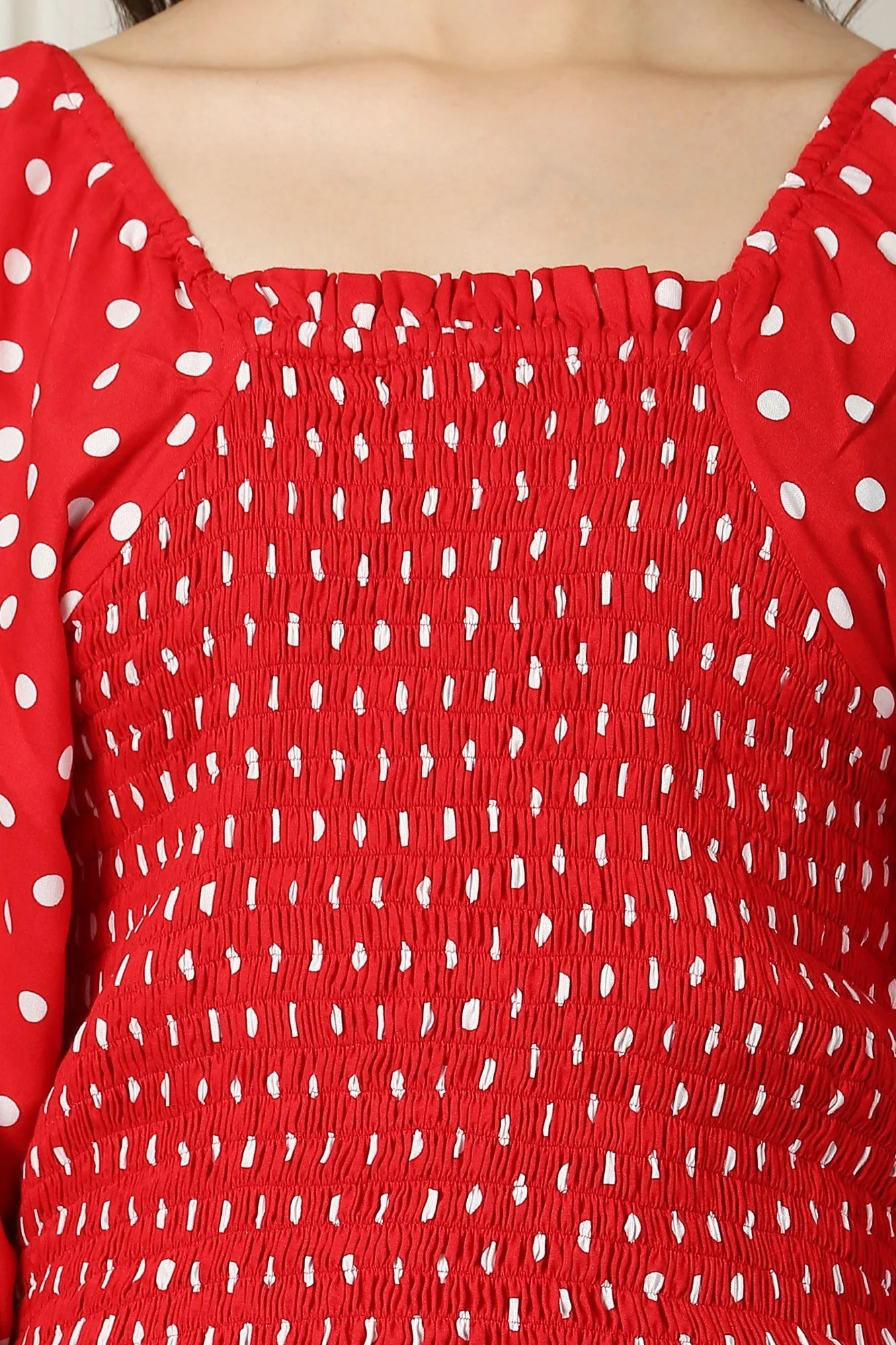 Women Sizzling Polka Red Smocking Dress - Chenance